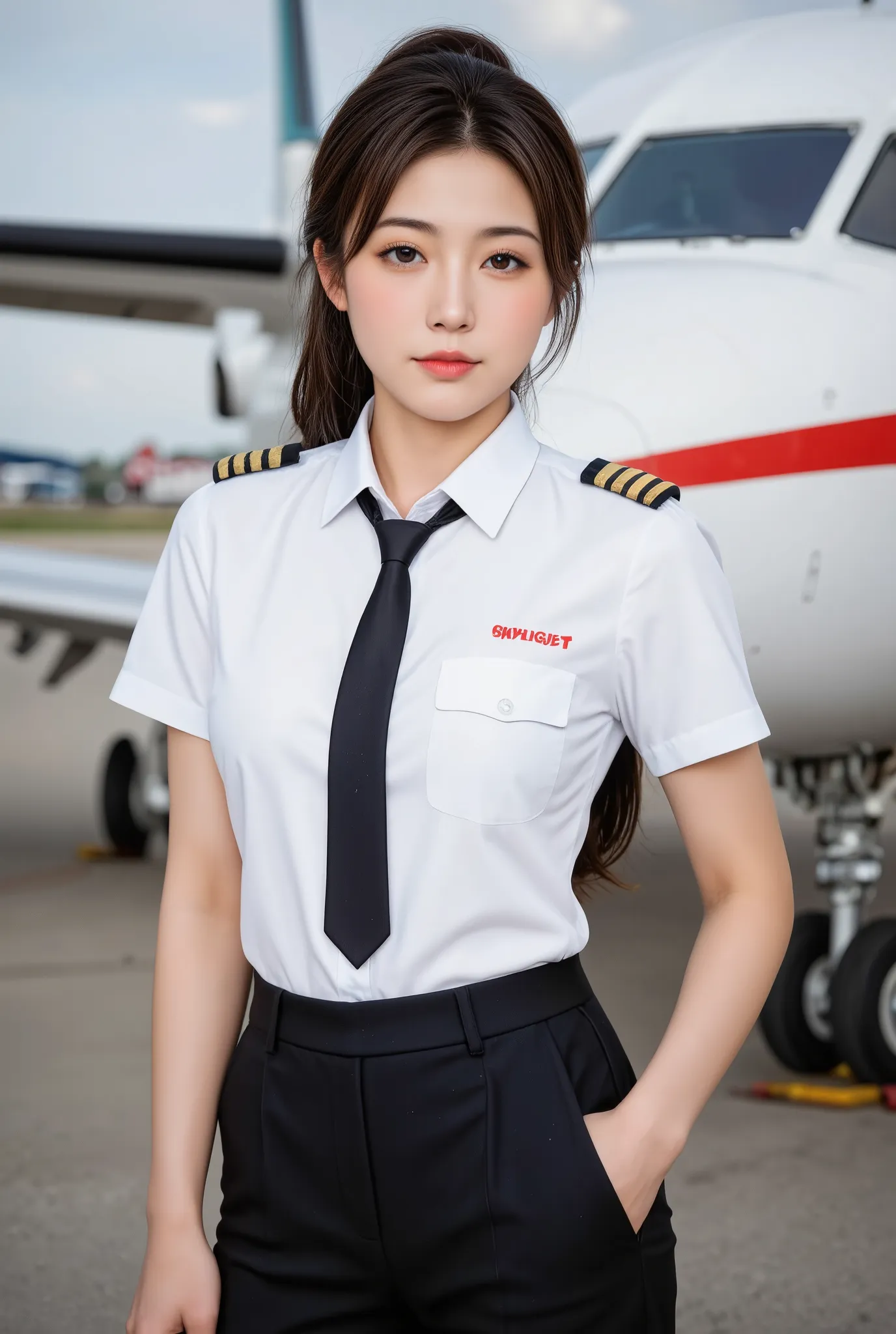 A highly realistic portrait of an 18-year-old female SpiceJet pilot, pilot with a sharp pen,  standing confidently . shot from the waist up, Showing a warm, An innocent smile attracts the audience. In a blurred background, A large aircraft is clearly visib...
