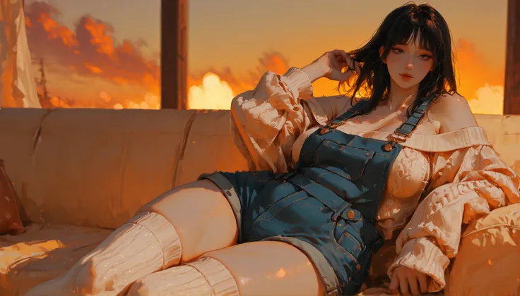 (tired expression:1.2), ((soft golden glow:1.1)),((seductive allure:1.15)), female character, white skin, long messy black hair, black eyes with subtle dark circles, tired expression, slightly chubby (not too much), large breasts, gentle belly fat, long le...