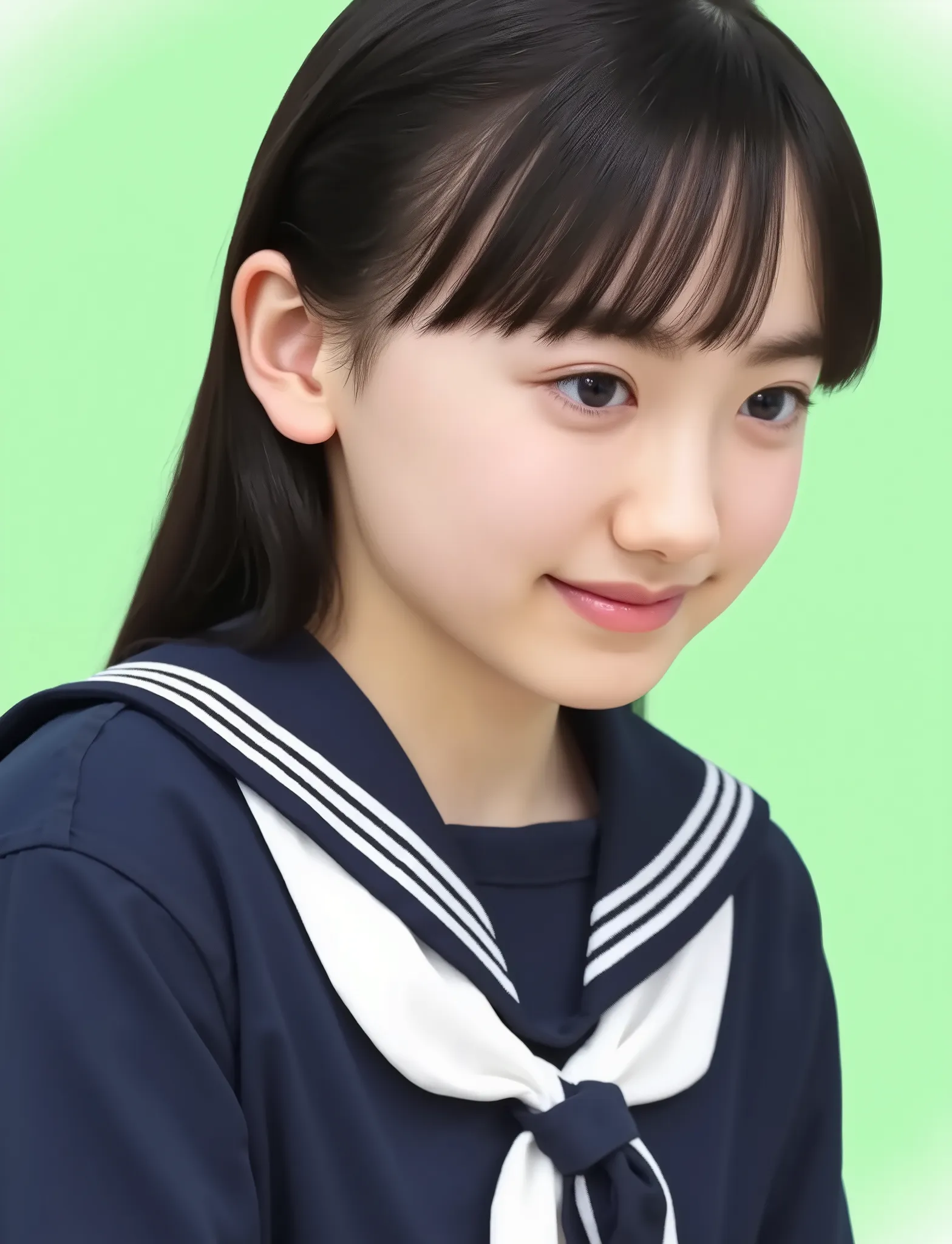 ((black hair:1.3)), long hair, bangs, elementary school student, wearing sailor suit, dark blue, Long sleeve , upper body, small eyes, make up, (( smile:1.3)), (teeth:1.2), ((looking away:1.4))