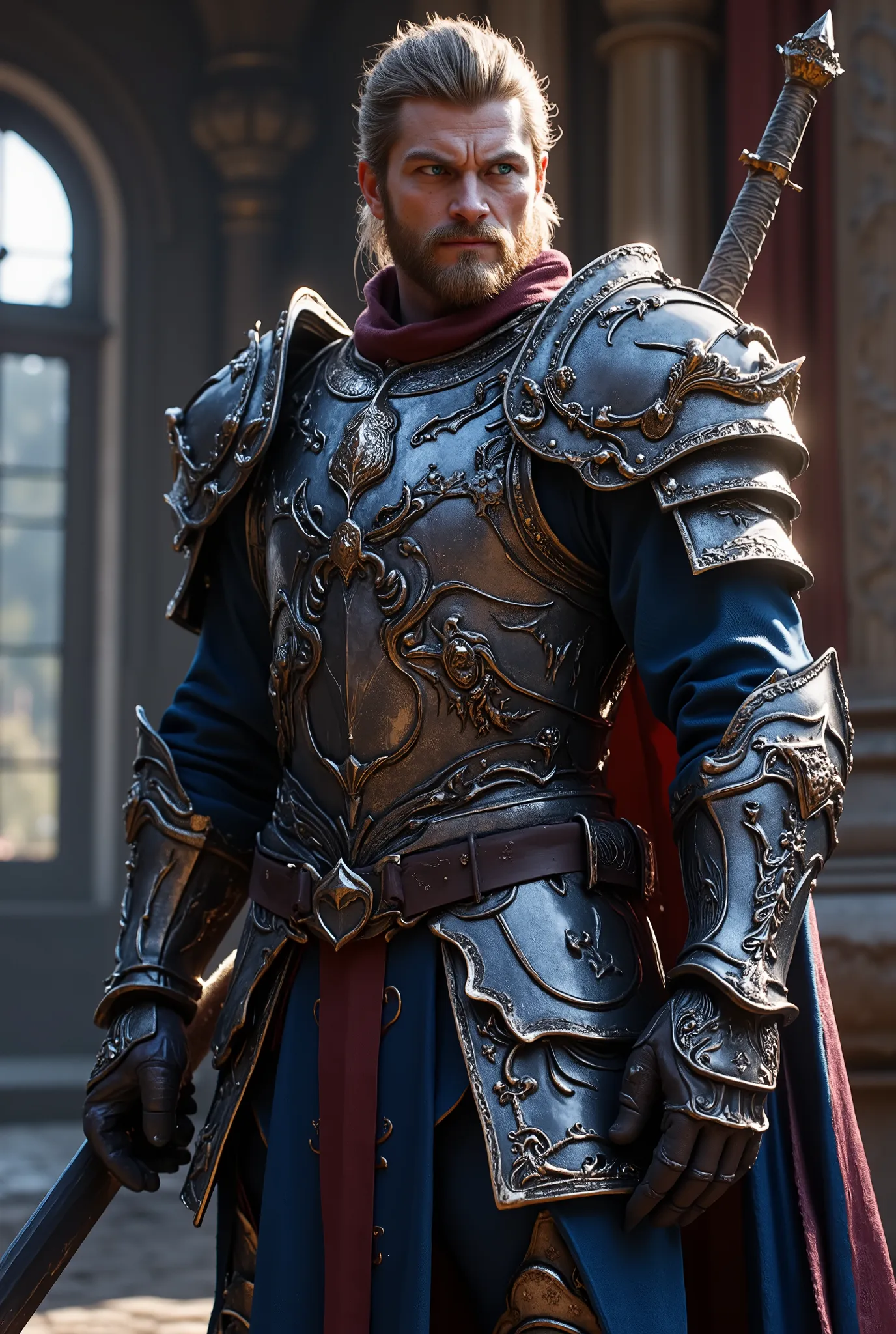 (UHD, retina, accurate, anatomically correct, masterpiece, super detail, best quality, 8k, super detail, extremely precise in every detail, beautiful detailed glow, beautiful attention to detail, beautiful detailed eyes), a male paladin is standing confide...