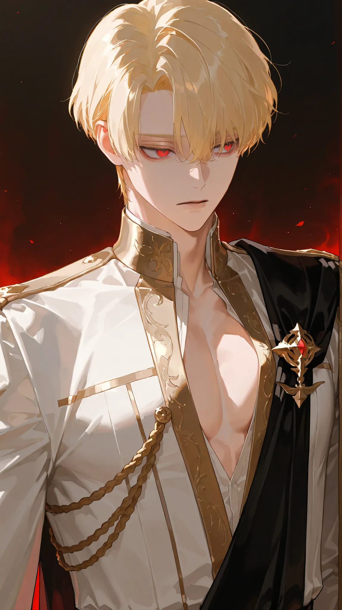 One Man, , male ,Solo , Blonde Hair , Short Hair , Red Eyes , no expression , Dignity , noble , under-eye area , prince , Clothes that are slightly open to the chest ,