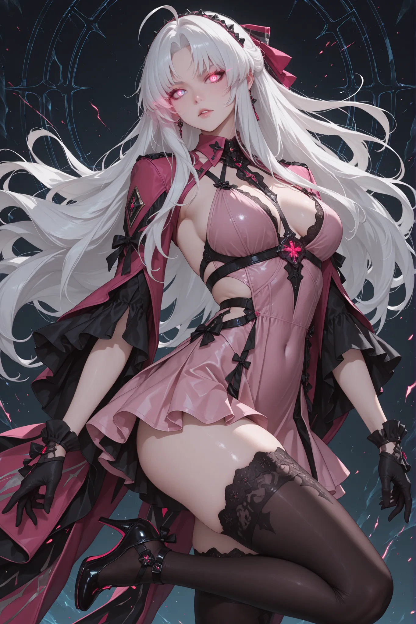(Masterpiece, absurdres, newest, topquality) 1girl, solo, ((femalefocus)), maturefemale, carlotta, long hair, white hair, ahoge, black gloves, dress, bicolored eyes, thighhighs, high heels, looking at viewer, standing, dynamic background, dynamic pose, glo...