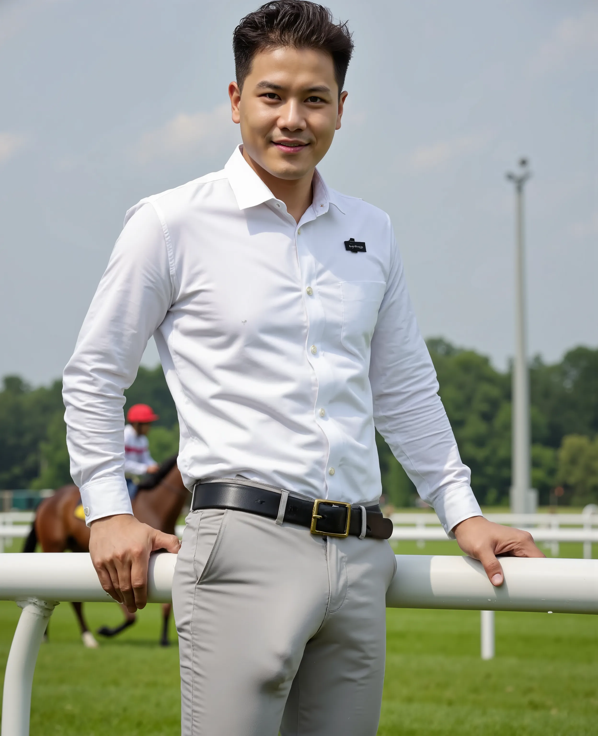 A full-body ultra-realistic photo of a handsome young Thai or Asian man with a naturally attractive and highly detailed face, standing confidently near the edge of a horse racing field. His facial features are expressive, lifelike, and photorealistic, with...