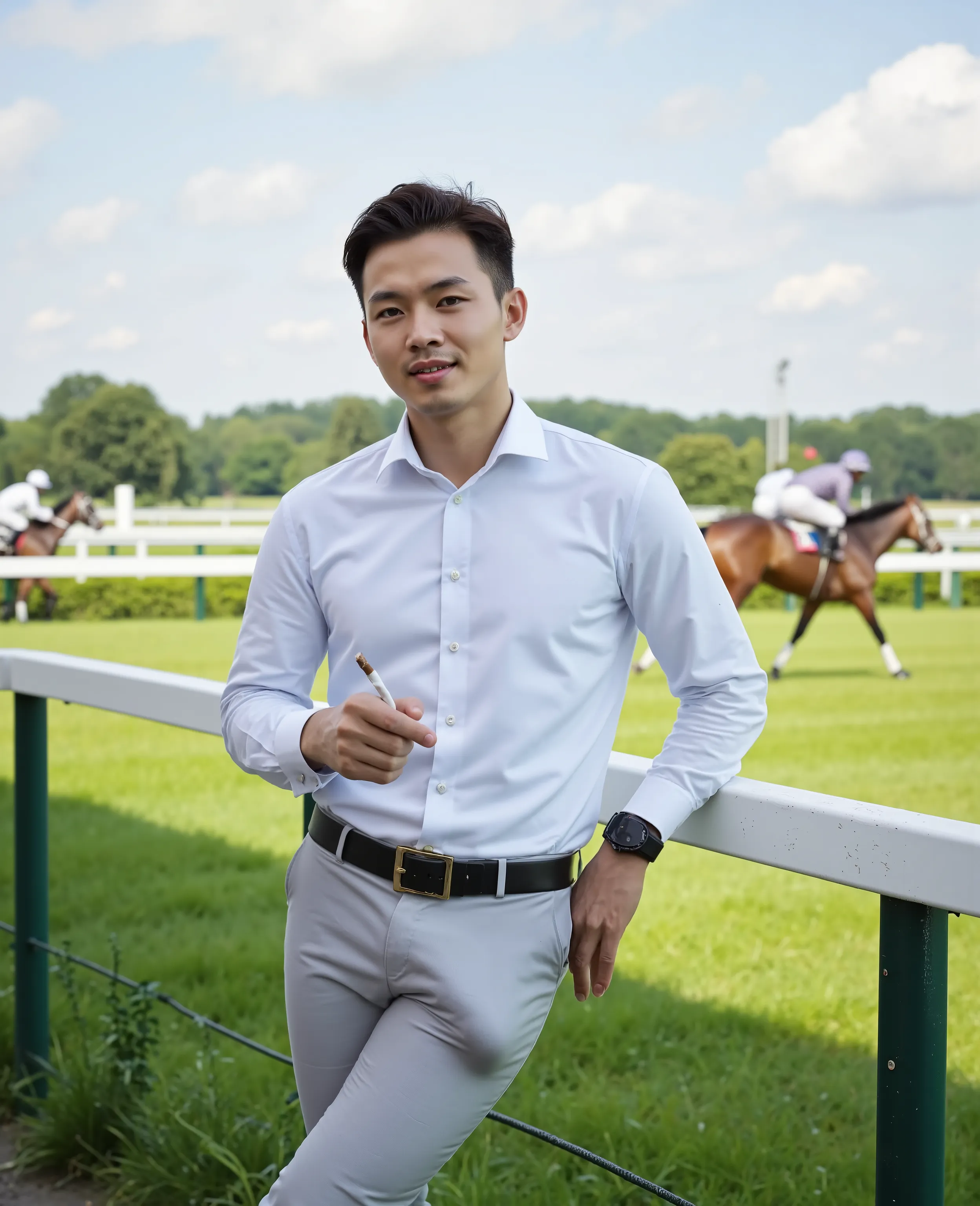 A full-body ultra-realistic photo of a handsome young Thai or Asian man with a naturally attractive and highly detailed face, standing confidently near the edge of a horse racing field. His facial features are expressive, lifelike, and photorealistic, with...