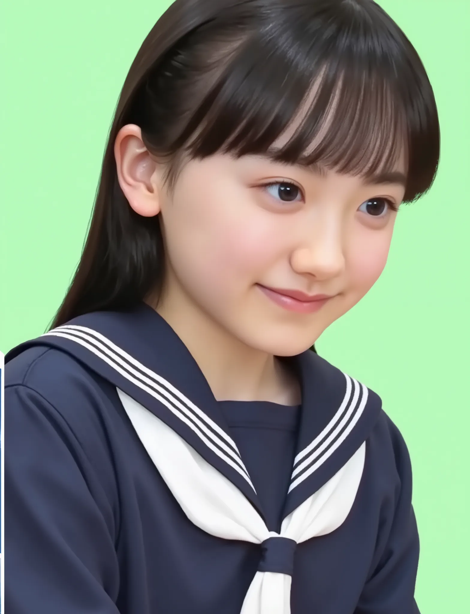 ((black hair:1.3)), long hair, bangs, elementary school student, wearing sailor suit, dark blue, Long sleeve , upper body, small eyes, make up, ((smiling:1.2)), (teeth:1.2), ((looking away:1.4))
