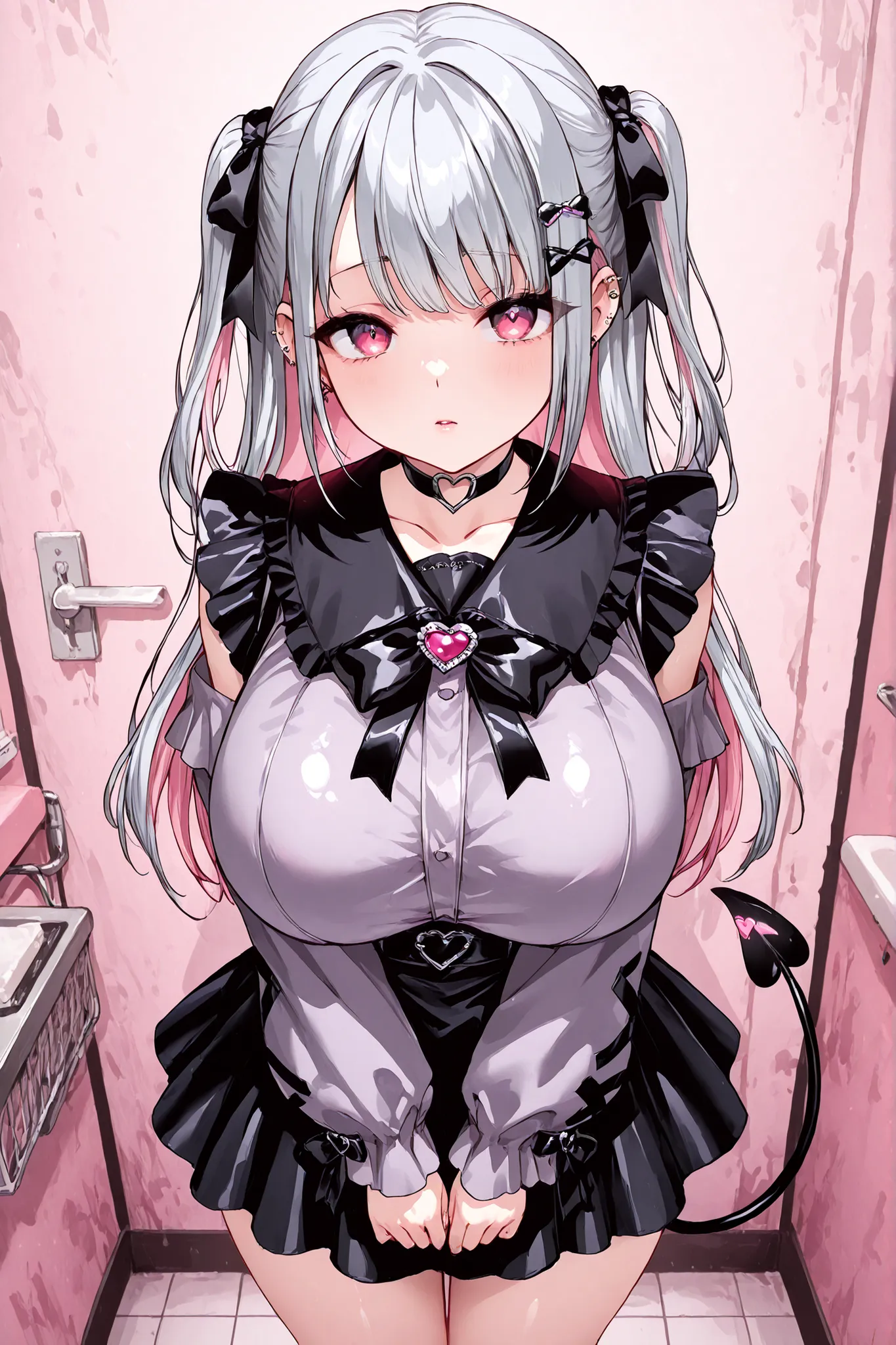 (1girl),(jirai kei),half twin tail, silver hair color ,Pink Inner hair Color,standing,short,huge Breasts,clothed jiraikei