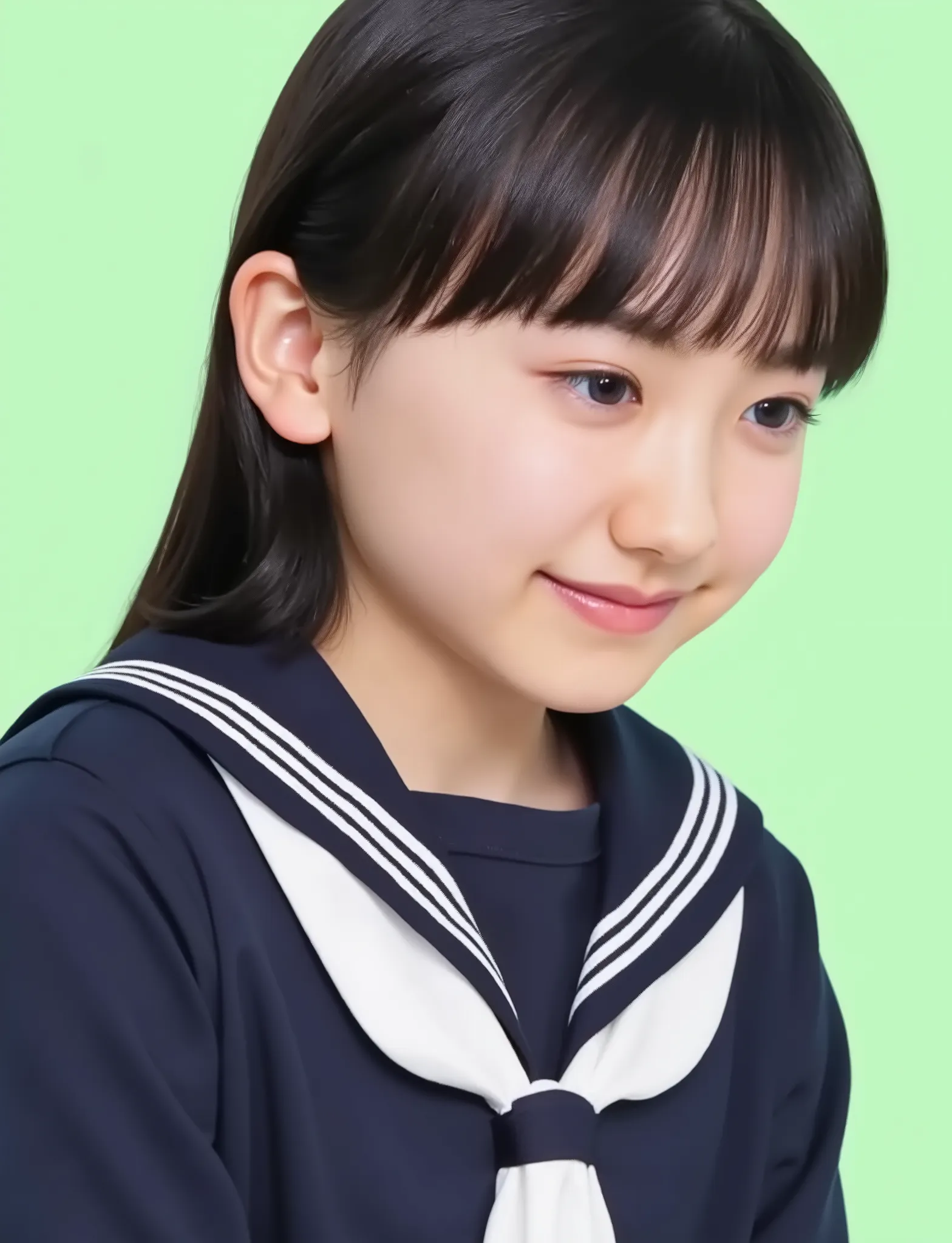 (((black hair:1.4))), long hair, bangs, elementary school student, wearing sailor suit, dark blue, Long sleeve , upper body, small eyes, make up, ((smiling:1.2)), (teeth:1.2), ((looking away:1.4))
