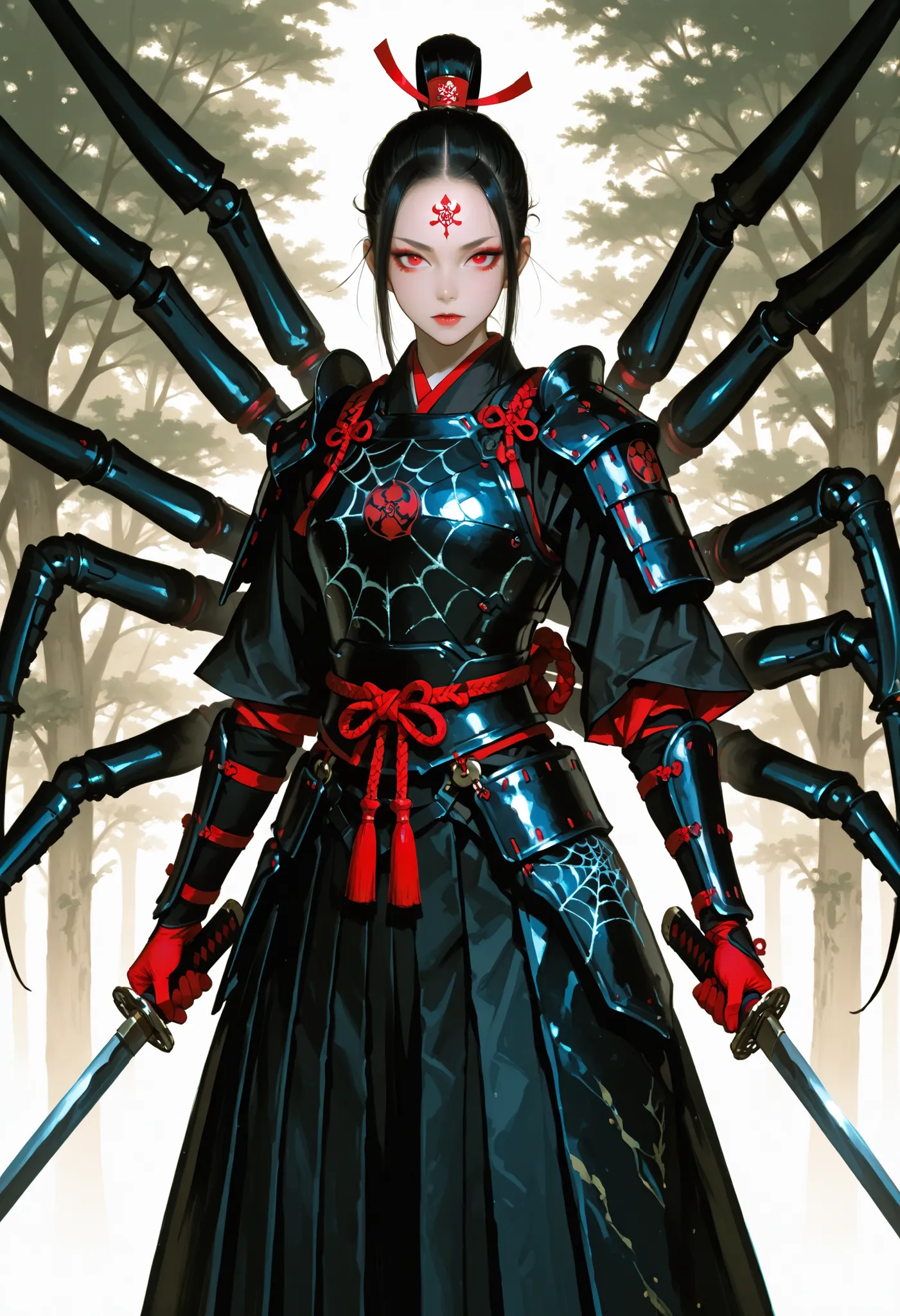Samurai Girl. Forehead guard. Black hair. Tied back hair. Red eyes. Multiple eyes. Japanese armor. Multiple arms. Dual wielding. Spider web costume. Insect legs. Spider-fused armor. Biological armor.