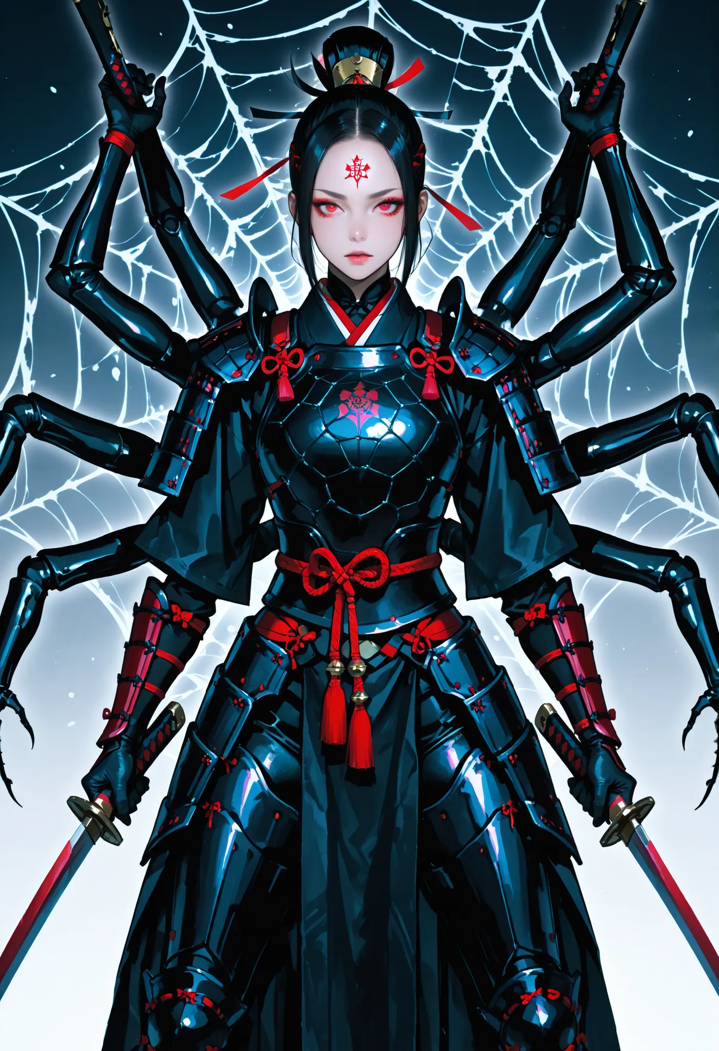 Samurai Girl. Forehead guard. Black hair. Tied back hair. Red eyes. Multiple eyes. Japanese armor. Multiple arms. Dual wielding. Spider web costume. Insect legs. Spider-fused armor. Biological armor.
