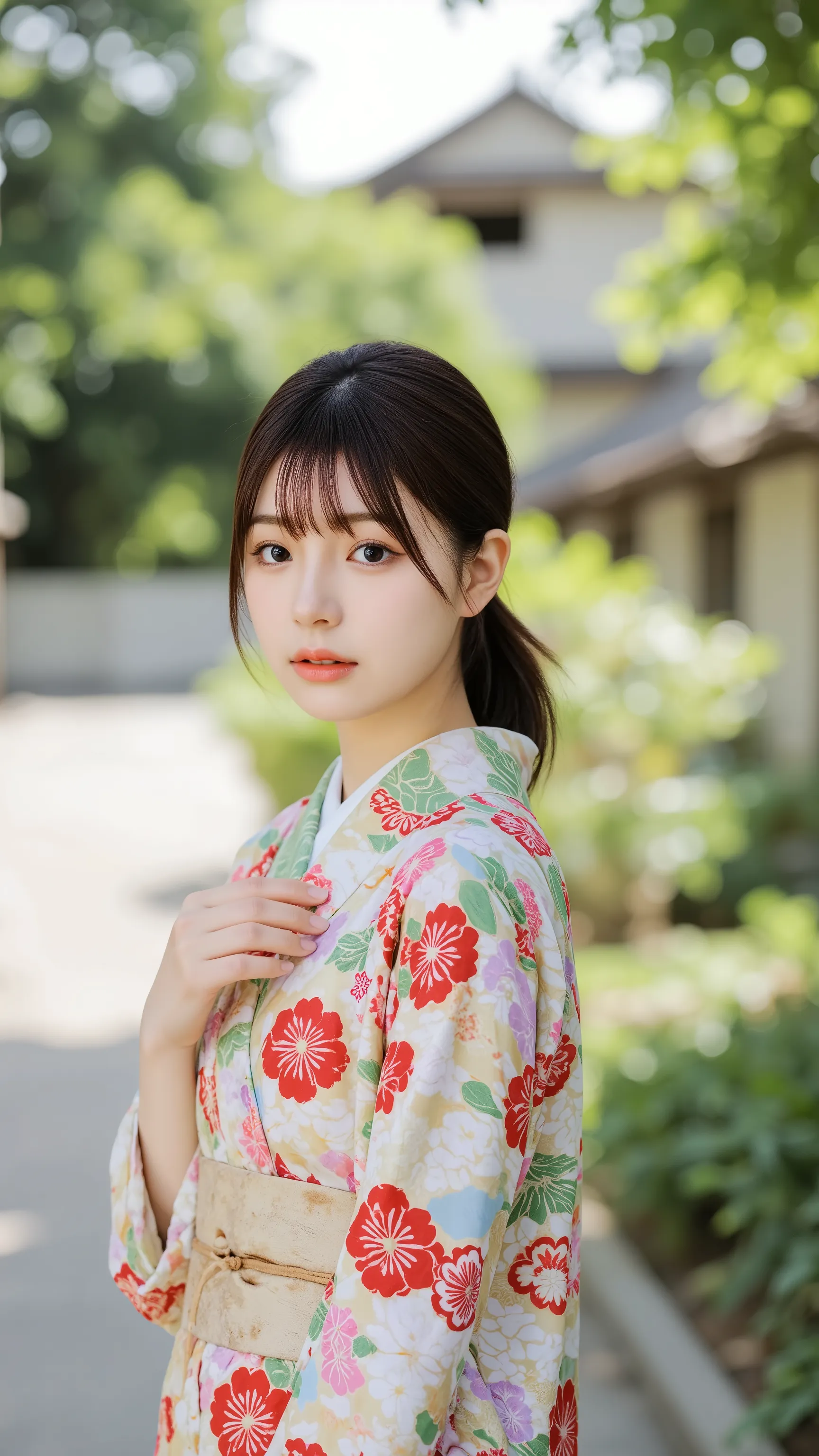 A cute Japanese woman in a kimono walking through a Japanese garden.