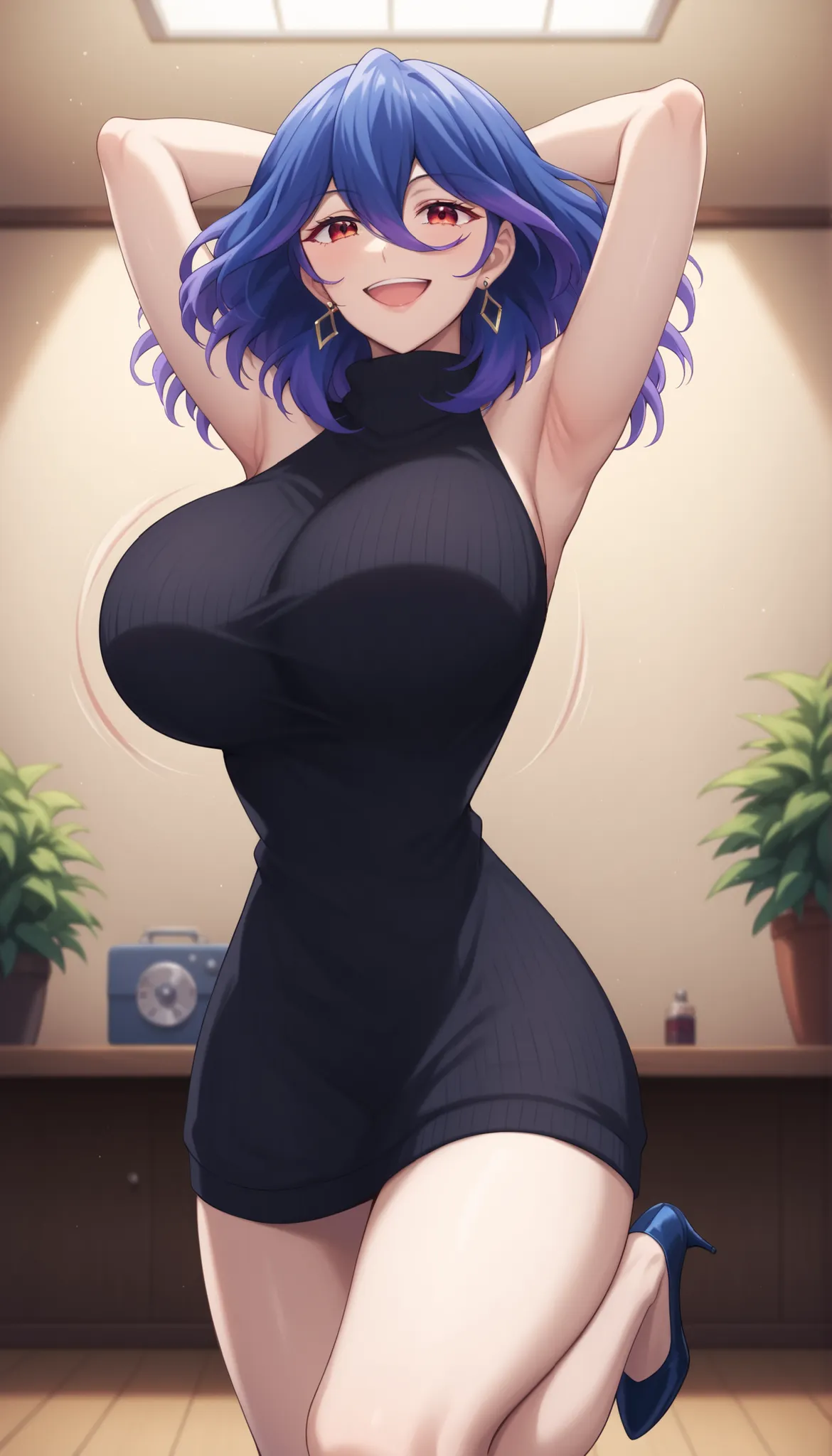 score_9, score_8_up, score_7_up, score_6_up, score_5_up, score_4_up
vermeil, vermeil, red eyes, hair between eyes, blue hair, purple hair, multicolored hair, medium hair,
sweater, bare shoulders, sleeveless, turtleneck, black sweater, thighs,
indoors, bent...