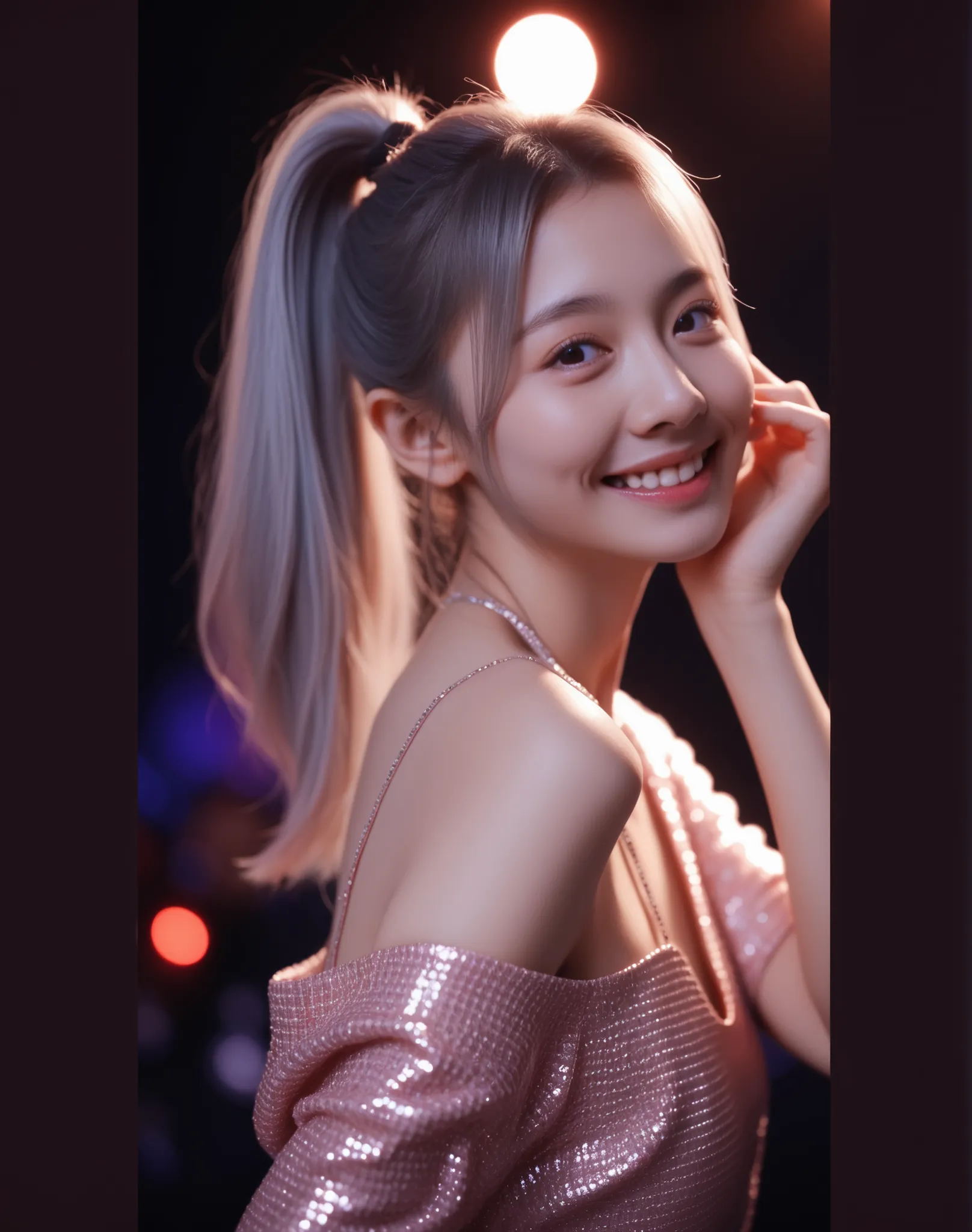 A stunningly beautiful Japanese woman with perfect 8-head body proportions, pink silver ponytail hair, wearing stylish DJ outfit, confidently approaching the camera while smiling warmly, club lights in the background, high fashion aesthetic, cinematic ligh...