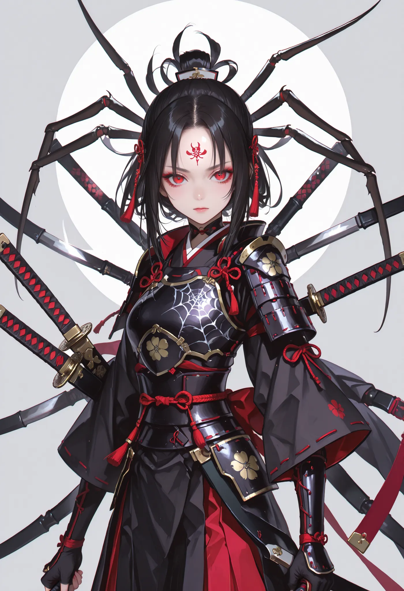 Samurai Girl. Forehead guard. Black hair. Tied back hair. Red eyes. Multiple eyes. Japanese armor. Multiple arms. Dual wielding. Spider web costume. Insect legs. Spider-fused armor. Biological armor.