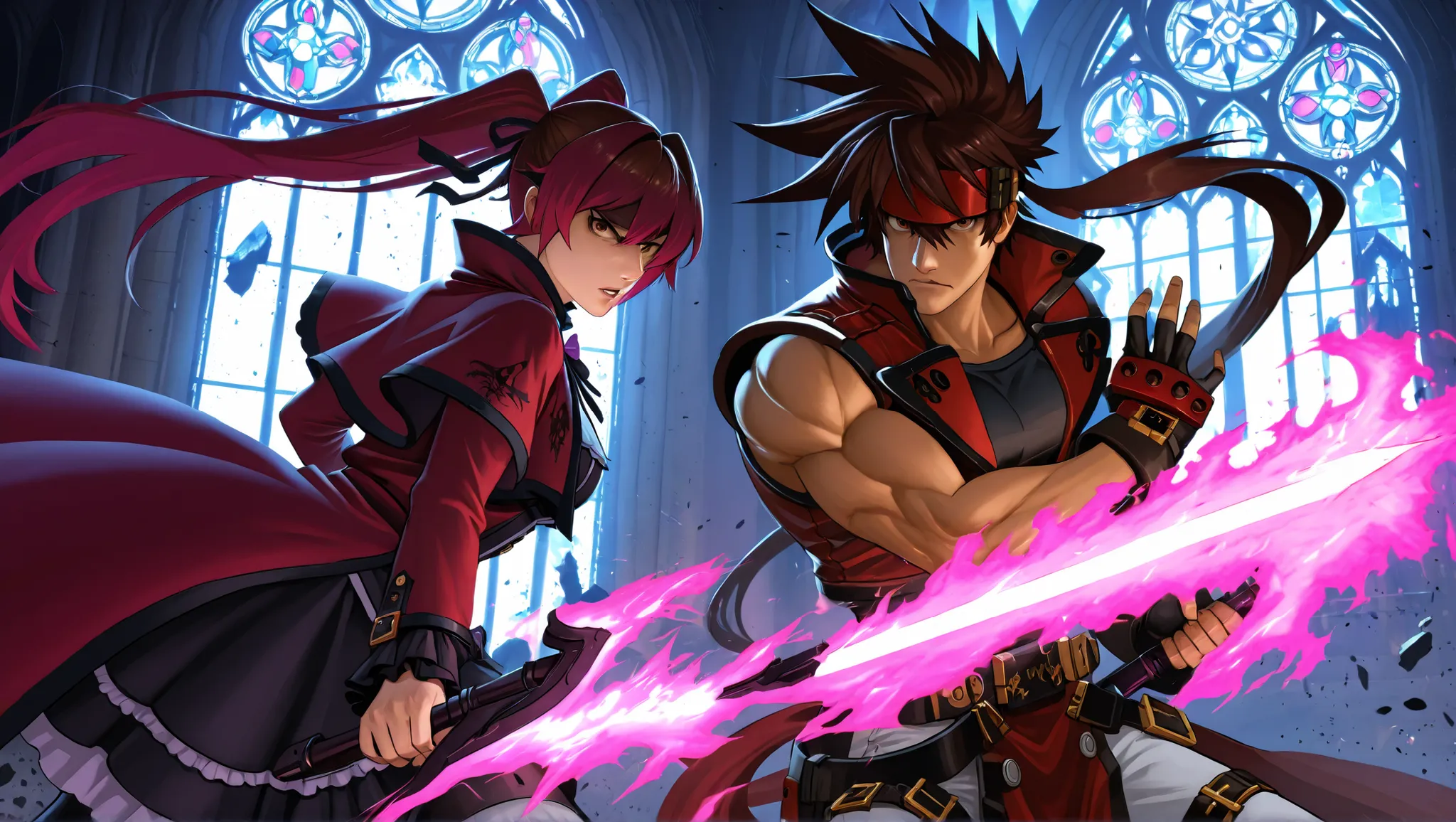 Epic anime-style battle inside a gothic cathedral with shattered stained glass windows. Sol Badguy is on the left, wielding his fire sword in a dramatic pose, flames and energy bursting from his blade. His red coat and headband are flowing, with exaggerat...