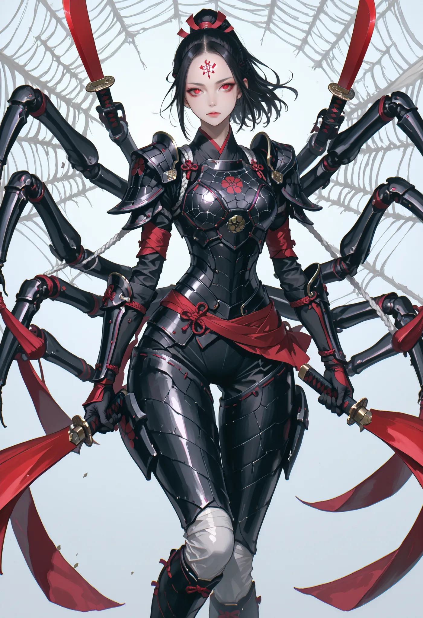 Samurai Girl. Forehead guard. Black hair. Tied back hair. Red eyes. Multiple eyes. Japanese armor. Multiple arms. Dual wielding. Spider web costume. Insect legs. Spider-fused armor. Biological armor.