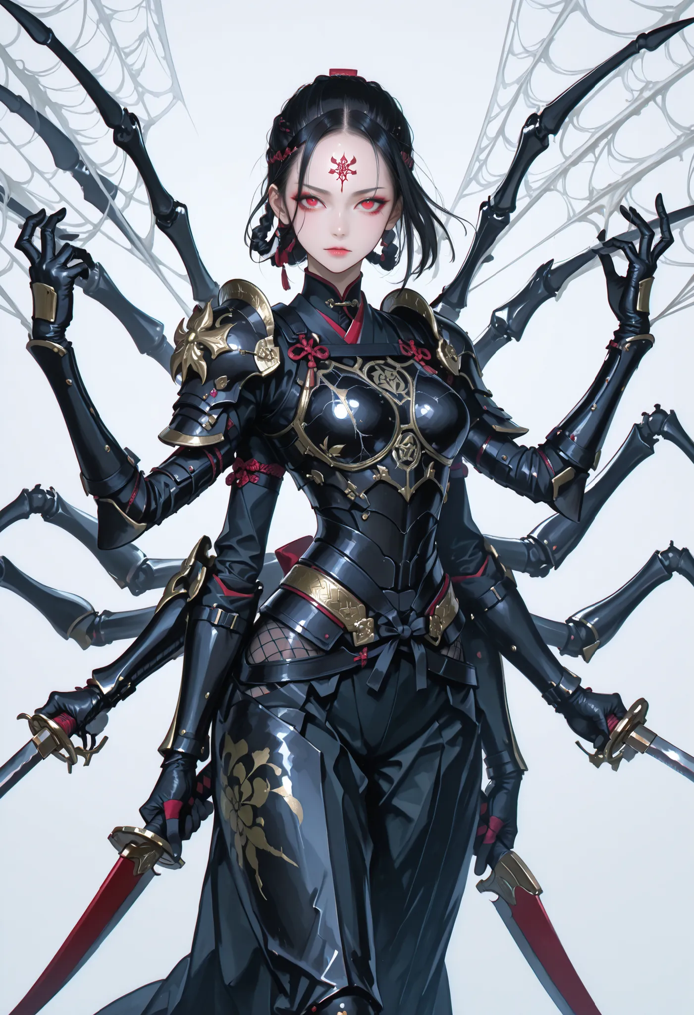 Samurai Girl. Forehead guard. Black hair. Tied back hair. Red eyes. Multiple eyes. Japanese armor. Multiple arms. Dual wielding. Spider web costume. Insect legs. Spider-fused armor. Biological armor.