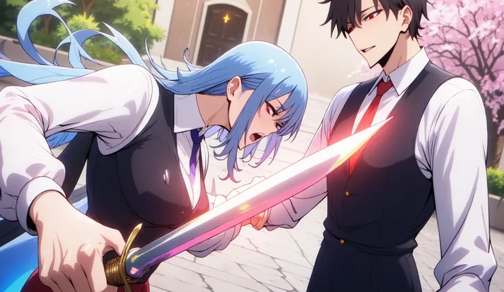 High-quality anime illustration, cinematic lighting. A confident young man with sharp red eyes and messy black hair, wearing a formal white shirt with a dark vest and red ribbon, holds a glowing magical dagger near the chest of a surprised blue-haired girl...