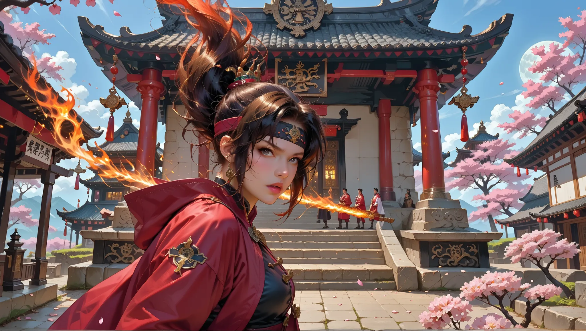 Epic battle scene set in an ancient, mist-covered Asian temple courtyard under a full moon. The temple is partially ruined, with broken dragon statues, moss-covered stone tiles, and flickering lanterns casting golden light. Sol Badguy stands on the left, w...