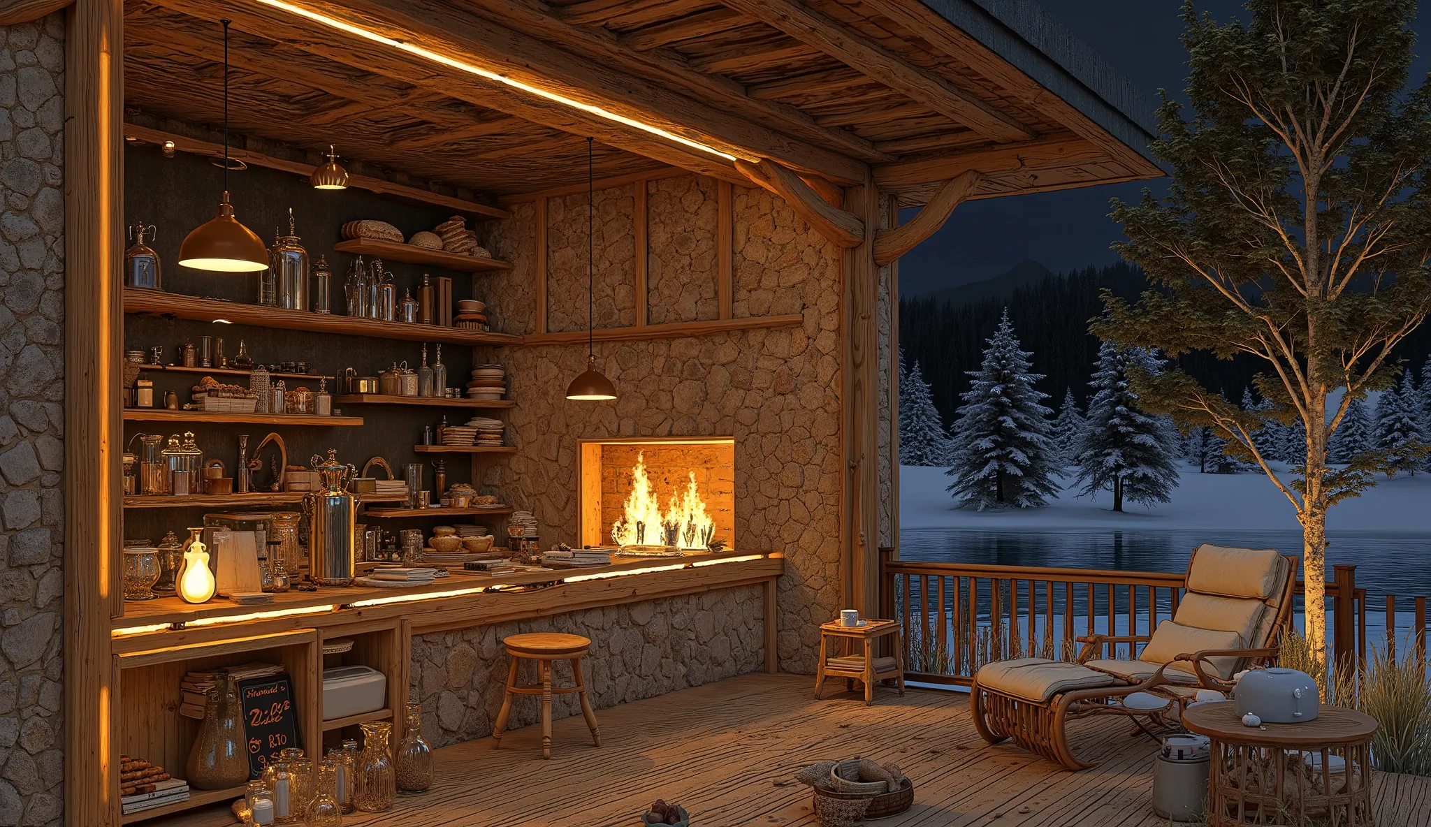 Cozy cabin with fireplace ,g sinhThe scene depicts a Cozy cabin with fireplacequán cà phê mộc mạc, overlooking a beautiful lake .
The interior has a wooden counter , on which a shiny metal coffee pot shines warm gold , symbolism of the art coffee fl...