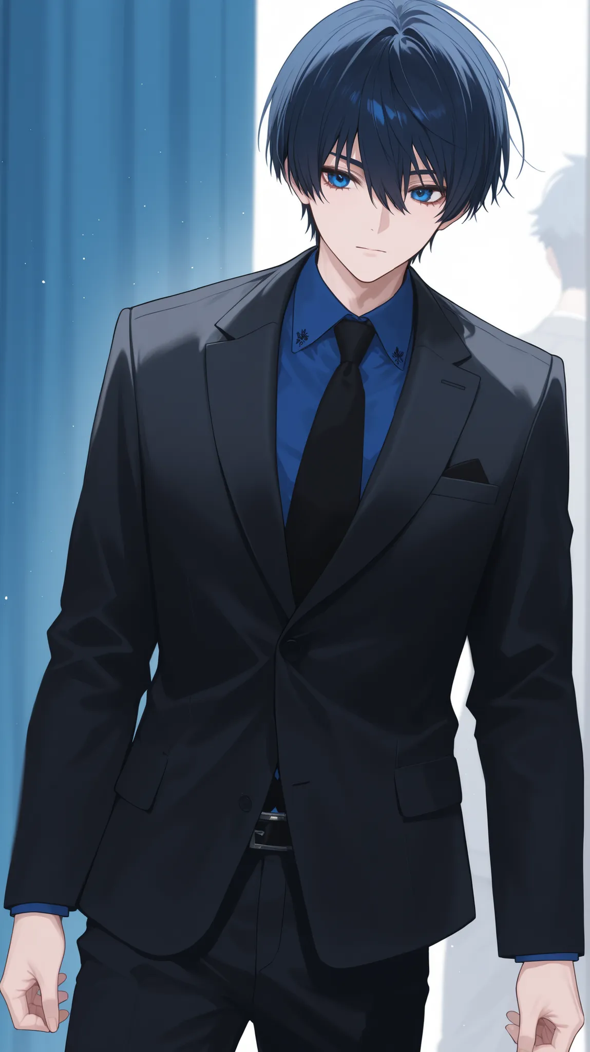 men black blue hair blue eye short hair front view black suit fullbody