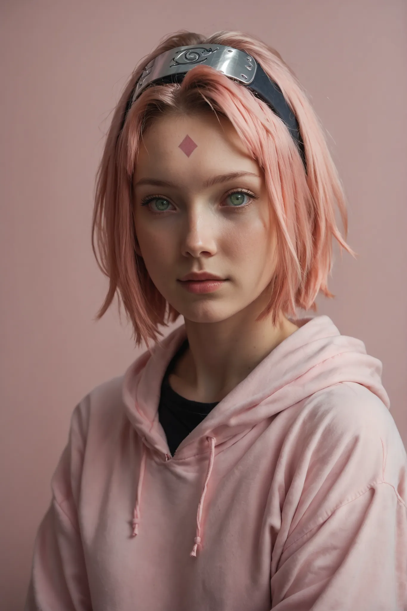 1girl, candid portrait photo of Sakura from Naruto, pink hair, bobcut hairstyle, shoulder length hair, pink oversized hoodie, hands showing peace signs, cute, pink background, Naruto headband, 20s haruno sakura,pink hair,short hair,forehead mark,green eyes...