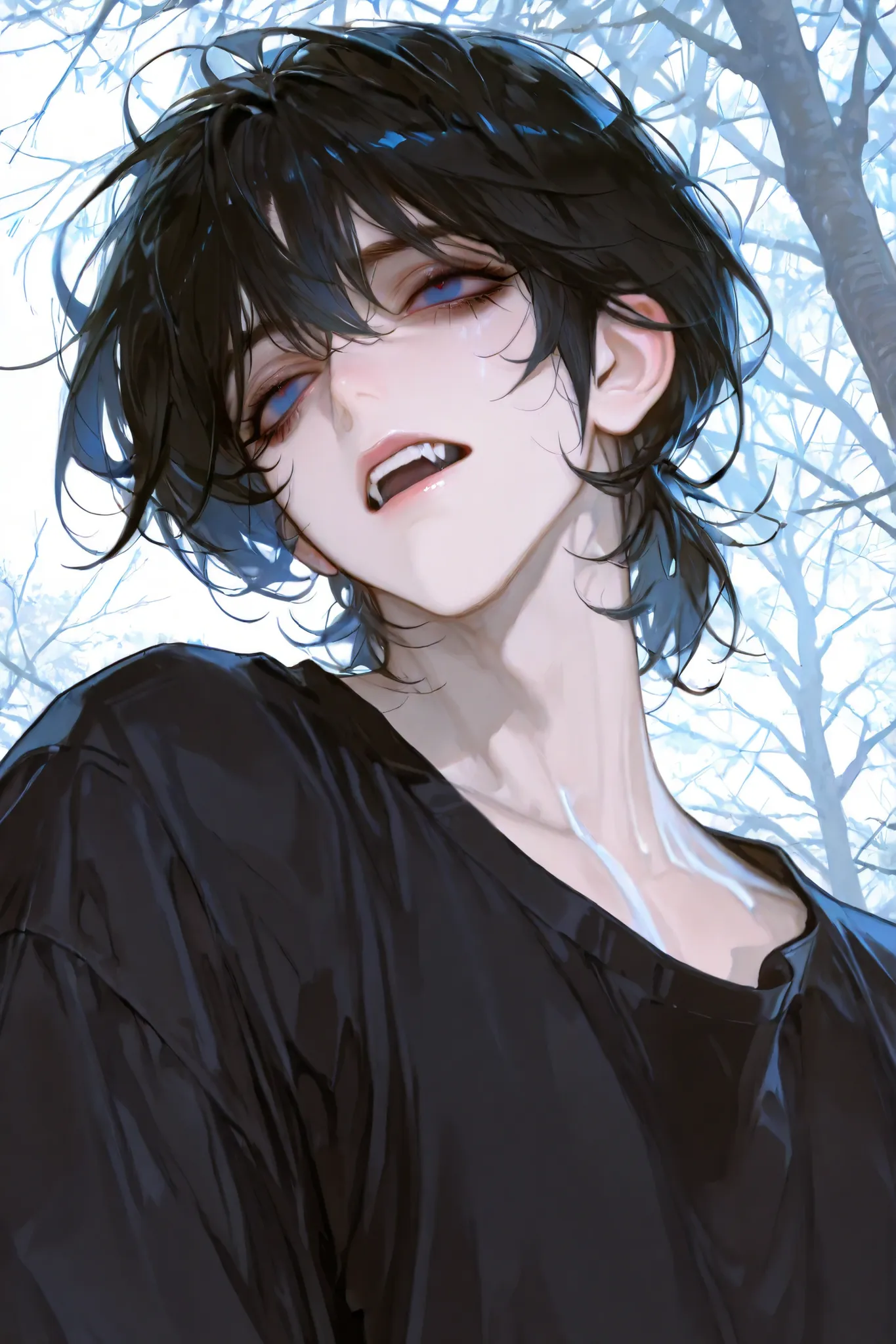 Solo, 1 man, mature, short hair, black hair, messy hair, sharp eyes, blue eyes, fangs, bangs, eyelashes, breasts, black shirt, tree background