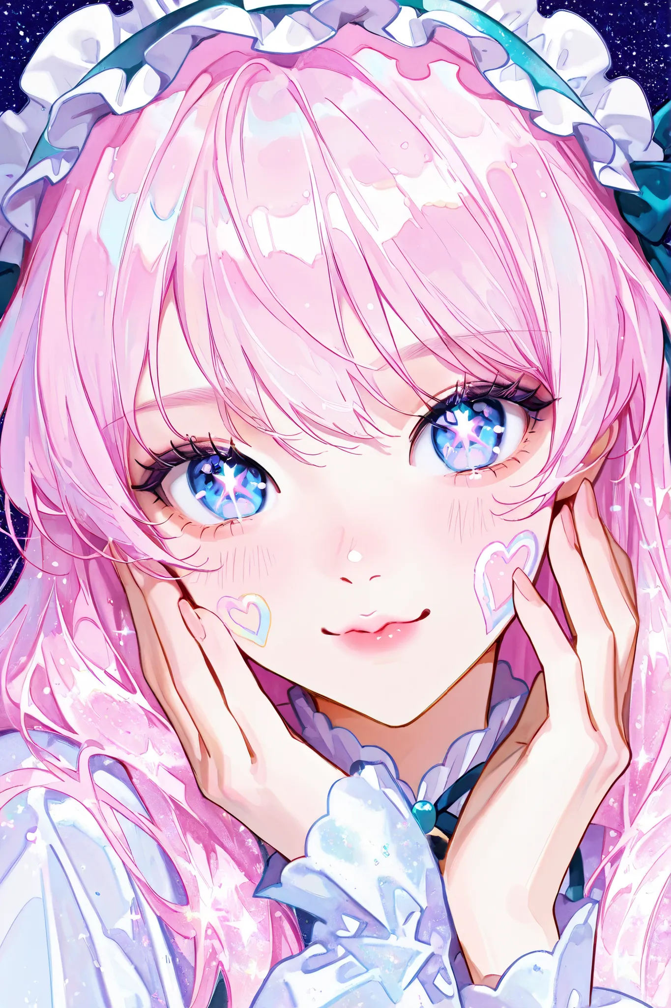 Cute Cake Girl, Face Focus, kissy face, make up, Heart Effect, Star Effect , glitter effect, pastel effect, Mist Filter Effect , watercolor、 light tones 、cartoon，Long hair，Scissorhands，sweetie