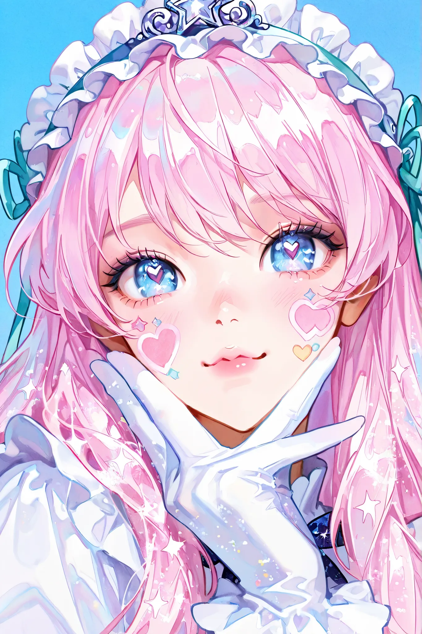 Cute Cake Girl, Face Focus, kissy face, make up, Heart Effect, Star Effect , glitter effect, pastel effect, Mist Filter Effect , watercolor、 light tones 、cartoon，Long hair，Scissorhands，sweetie