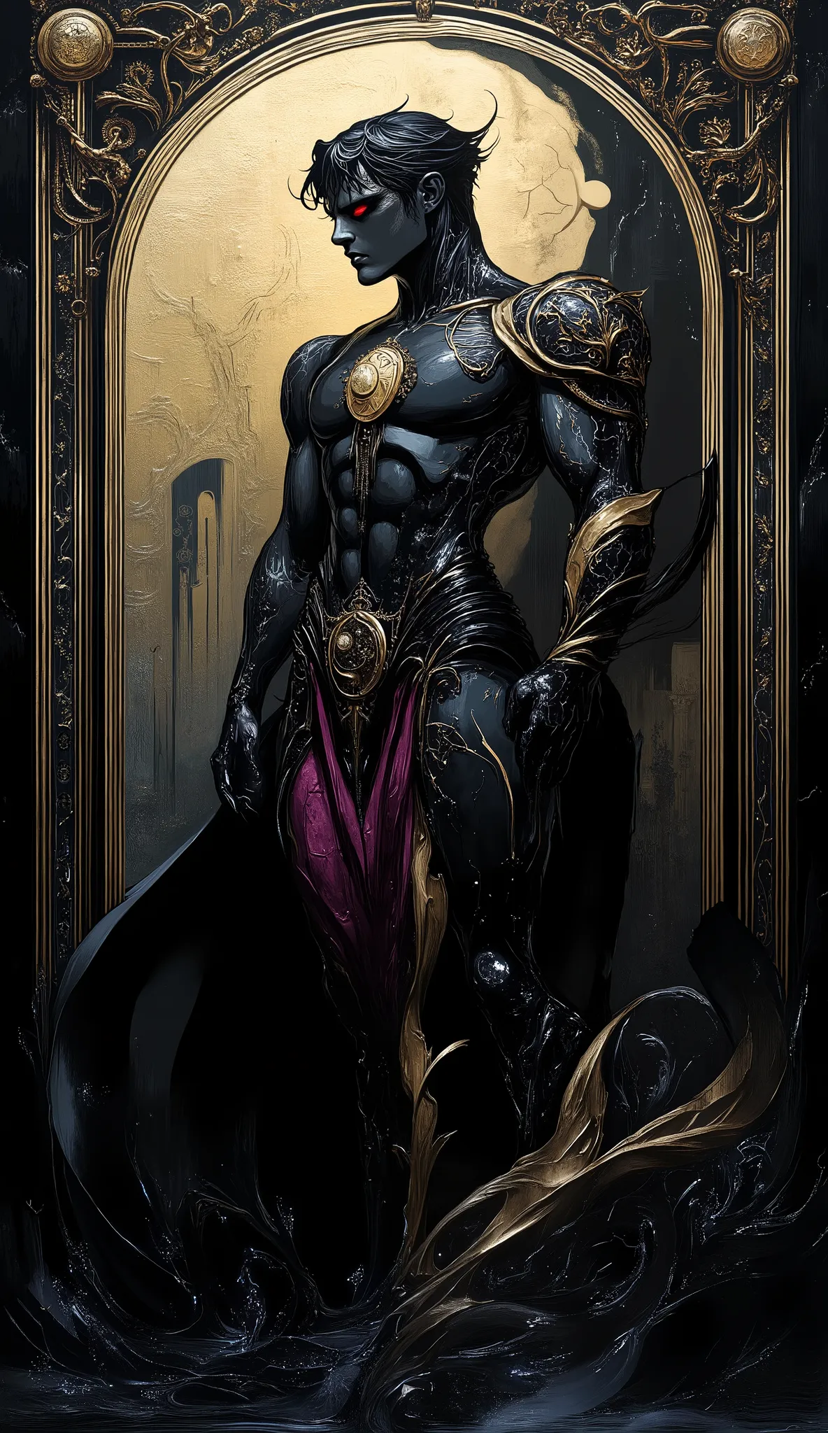 In the style of Neo Noir with touches of Art Deco and Art Nouveau: A malevolent yet mesmerizing god stands tall and imposing, his skin like dark, cracked obsidian or scorched stone, glowing with searing violet energy pulsing through fissures like molten ve...