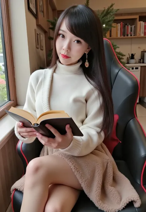  earrings、white heavy turtleneck sweater 、 Beige fluffy flared skirt 、 Reading 、  Attractive,, obscene, mature women,  Fascinating body lines  , ((  Exquisite Facial Features , cosmetic、 pornography)),  Dramatic Lighting  ,  realistic ,  8,000, cinematic c...