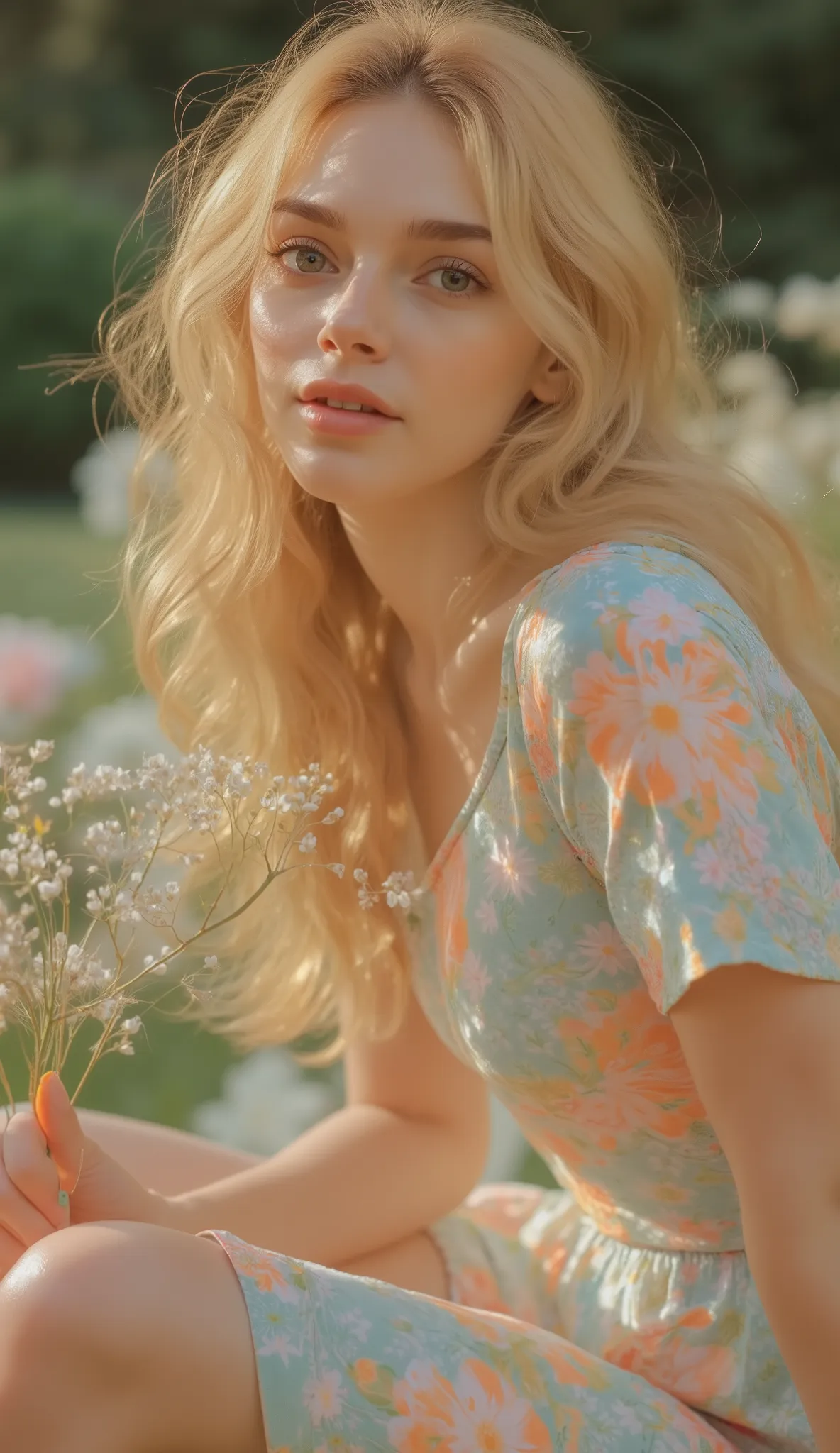 30-year-old woman with long hair , wavy blond hair , She's wearing a casual dress in pastel colors, Sitting on a lawn in a beautiful and flowery garden. she has white skin, brown eyes, perfectly trimmed nails , and a slender silhouette weighing 60 kg . ...