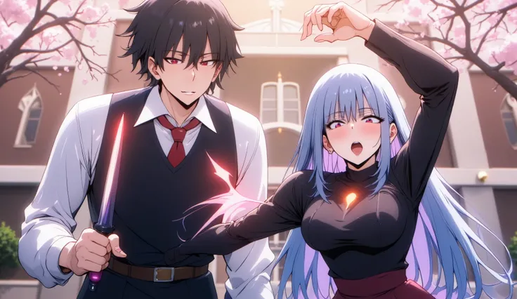 High-quality anime illustration, cinematic lighting. A confident young man with sharp red eyes and messy black hair, wearing a formal white shirt with a dark vest and red ribbon, holds a glowing magical dagger near the chest of a surprised blue-haired girl...