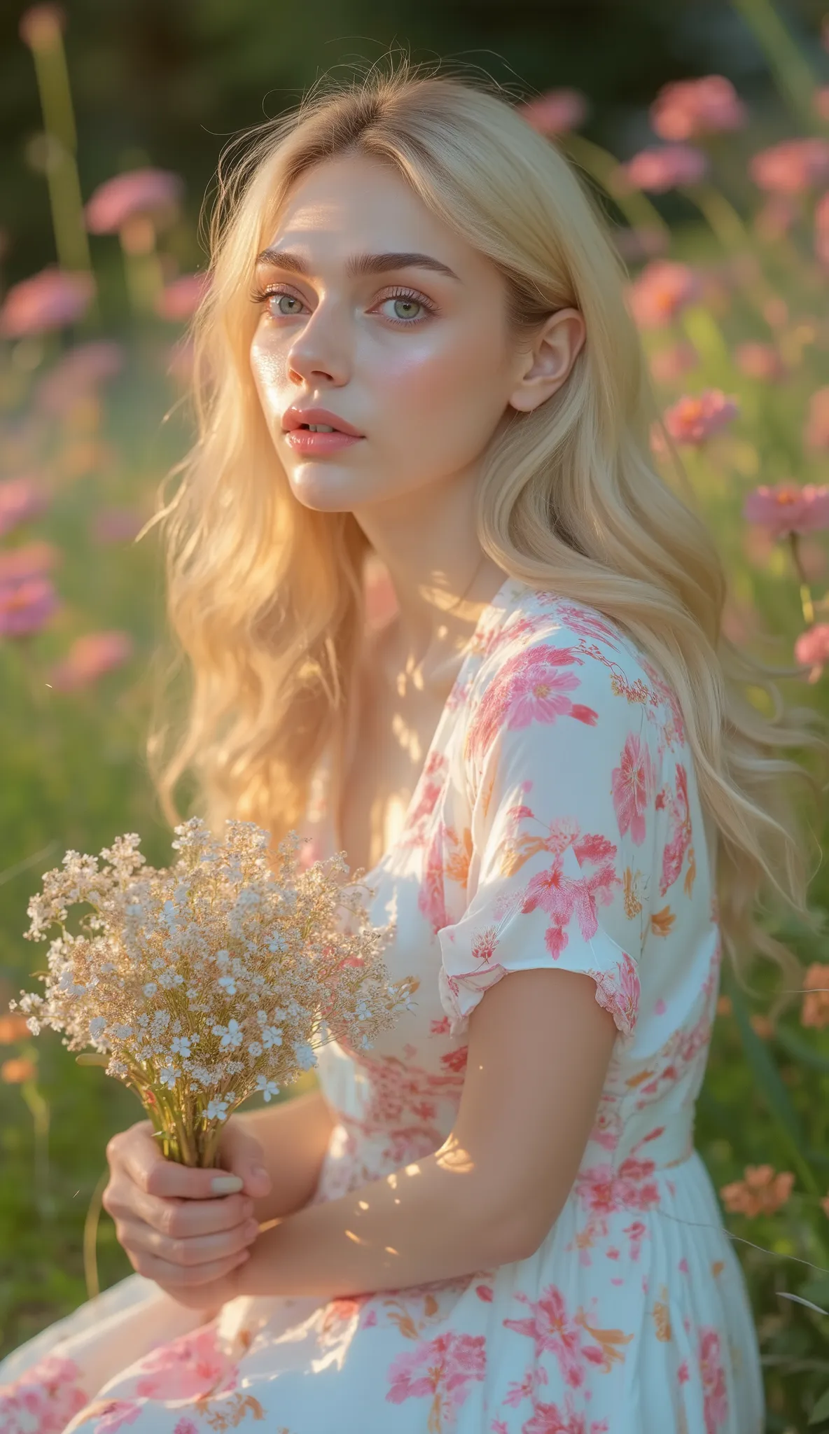 30-year-old plump muscle woman with long hair , wavy blond hair , She's wearing a casual dress in pastel colors, Sitting on a lawn in a beautiful and flowery garden. she has white skin, brown eyes, perfectly trimmed nails , and a slender silhouette weig...