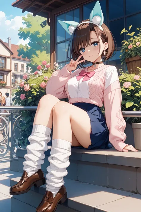Full CG Momo Ayase（Momo Ayase ）wearing a pink sweater、blue skirt、white loose socks、brown loafers、Sitting on a pedestal、wears a pink v-neck sweater over a white shirt with a pink bow、Woman with brown short hair、blue miniskirt、white loose socks、I'm wearing brown leather shoes、I'm sitting on a transparent pedestal。Choker Around Her Neck、earrings that look like turquoise blue on my ears、no hair ornaments
