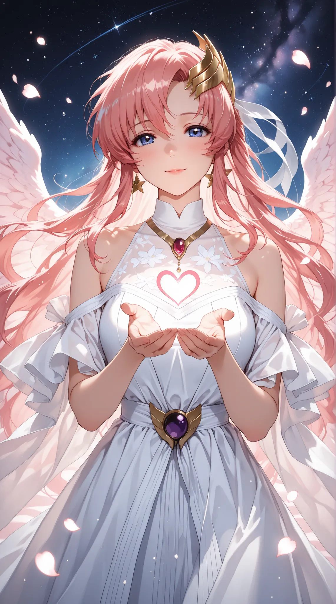 (masterpiece, detailed:1.2), anime girl inspired by Lacus Clyne, soft pink hair flowing gently, elegant and serene expression, dreamy starry background, gentle lighting with a romantic glow, wearing a flowing futuristic outfit, surrounded by glowing petals...