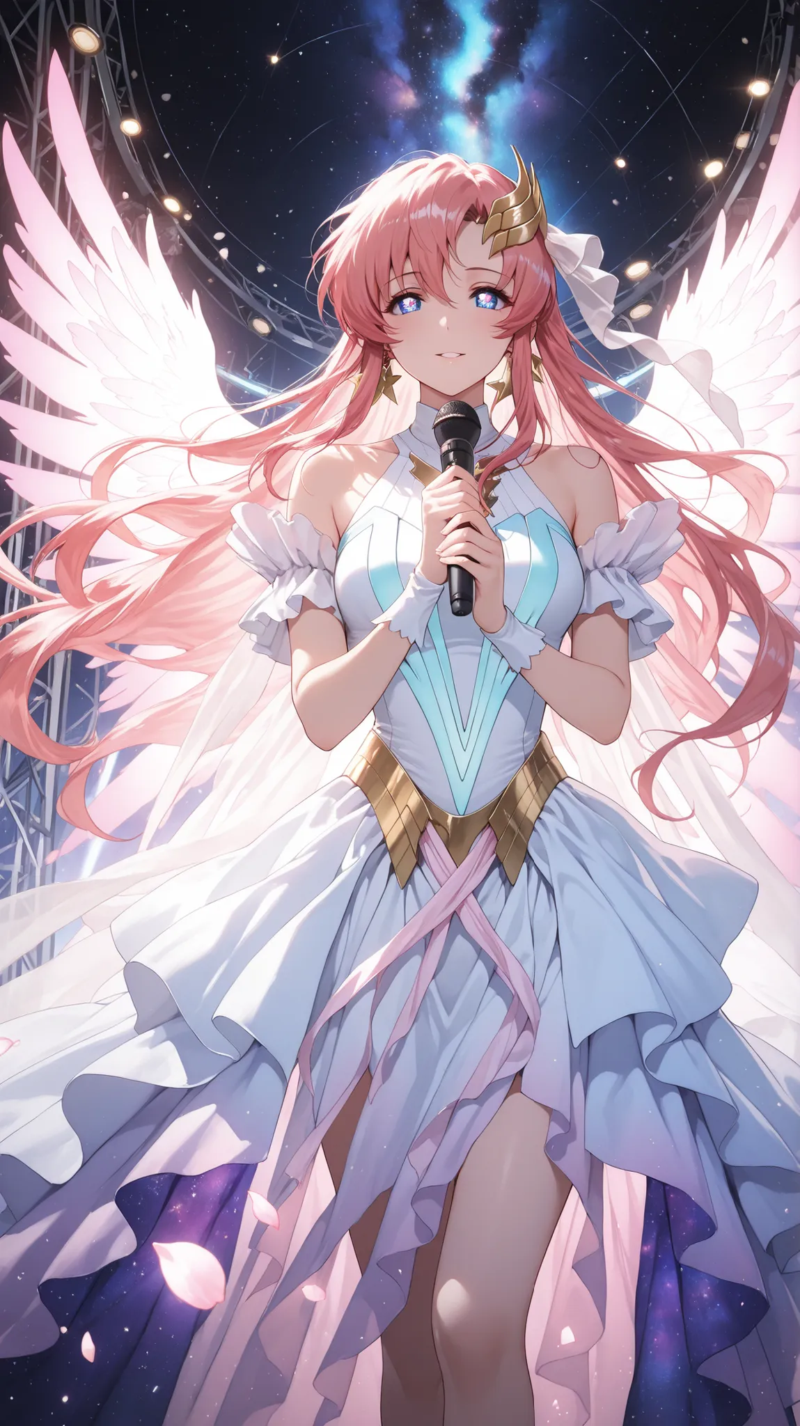 (masterpiece, detailed:1.2), anime girl inspired by Lacus Clyne, soft pink hair flowing gently, elegant and serene expression, wearing a flowing futuristic concert outfit, standing on a glowing sci-fi concert stage in outer space, surrounded by floating li...