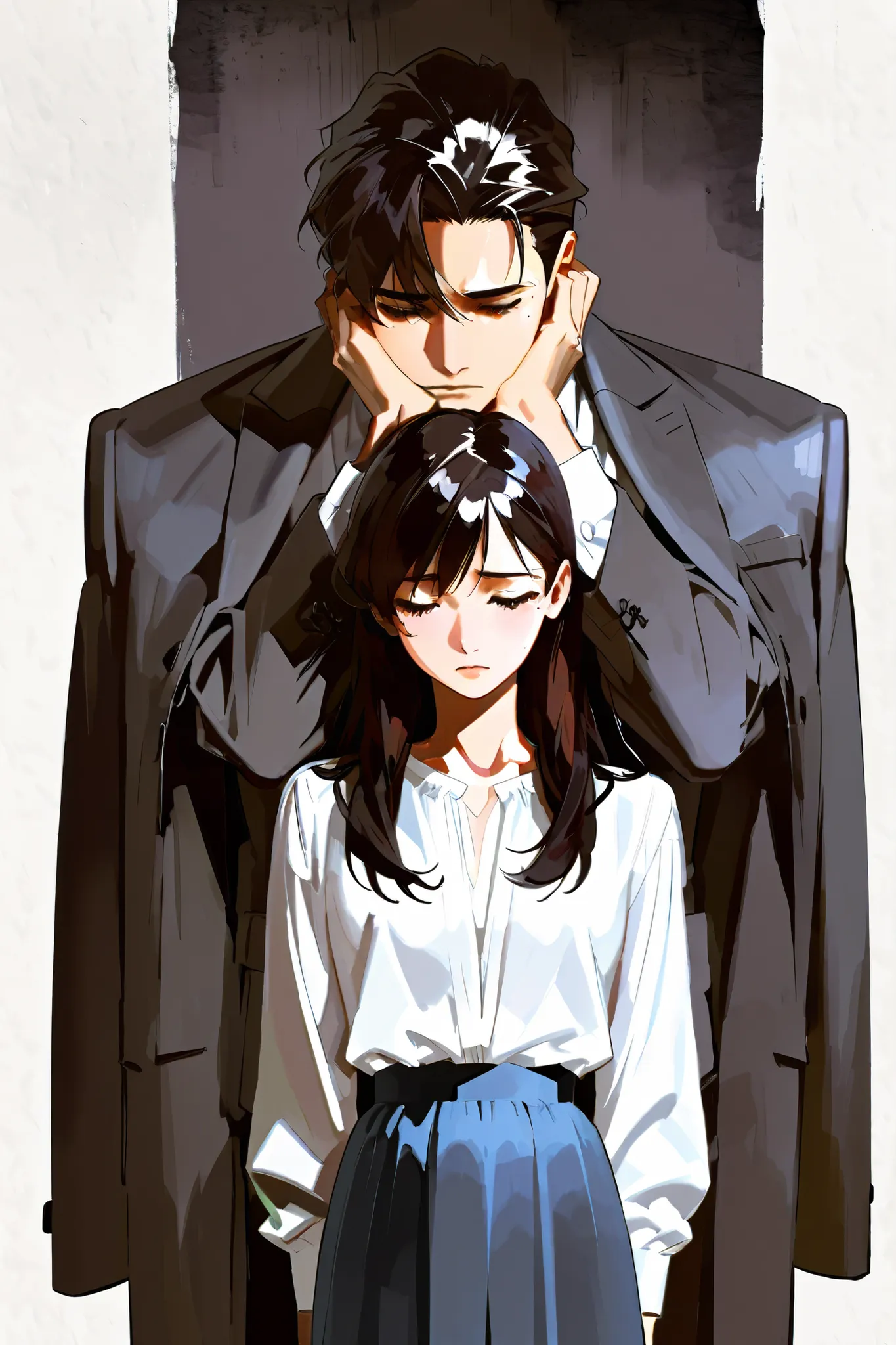 Gentle bokue One man and one woman,couple,wearing white shirt,Suit coat,Dark Hair,Handsome ,Mole under the brow,boy, girl,Dark Mood,Brief mood,Rest your head together,Mood,Depressed mood,hands on her cheek,Girl wearing long skirt,Gloomy weather,Dark atmosp...