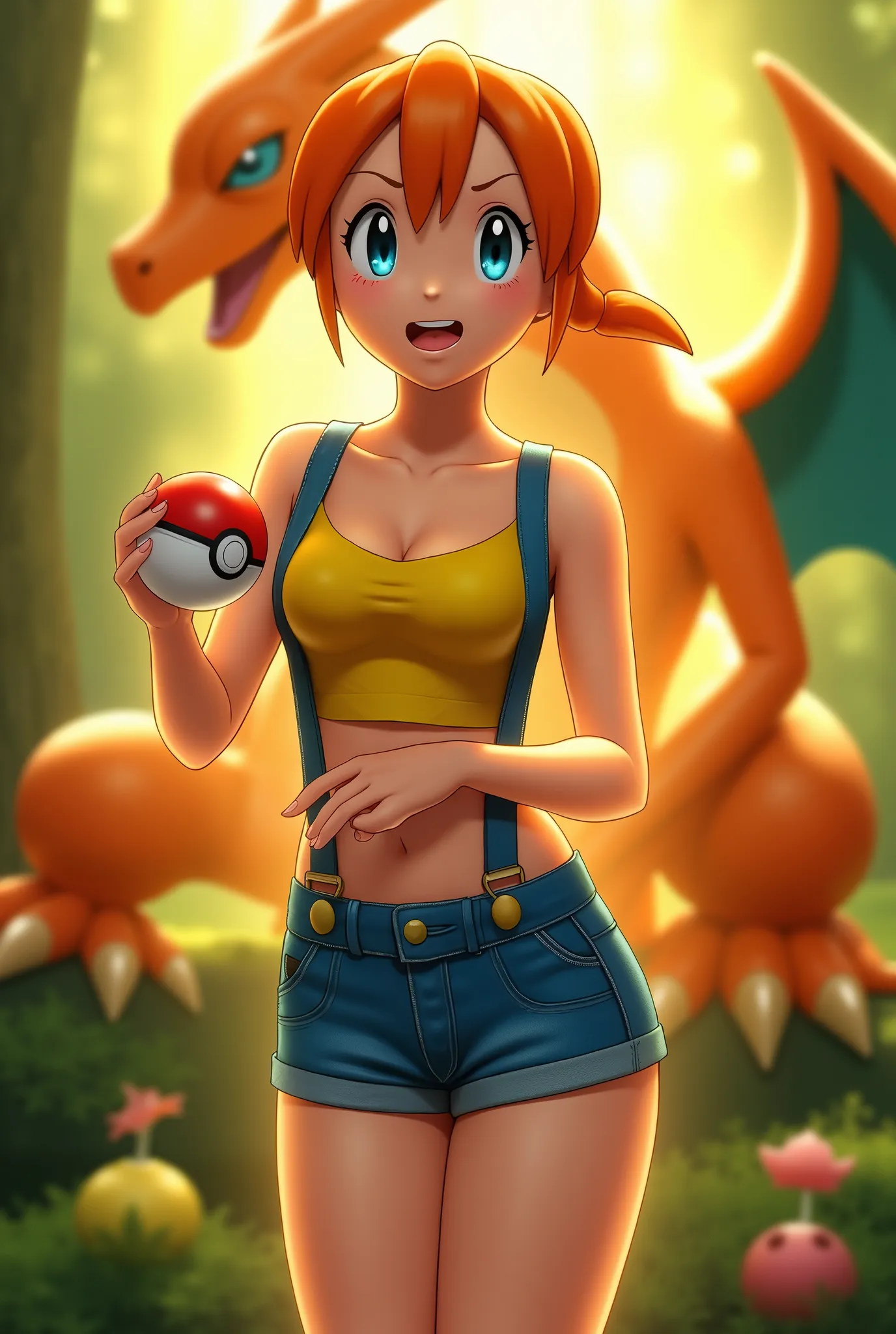Misty von Pokémon , sexy girls , klein , Halb nackt , classic costume , blue denim mini skirt with suspenders and yellow top , jung , skynny body , klein and beautiful buttocks , straffer Bauch , klein and beautiful breasts , sie hält eine Pokéball in der ...