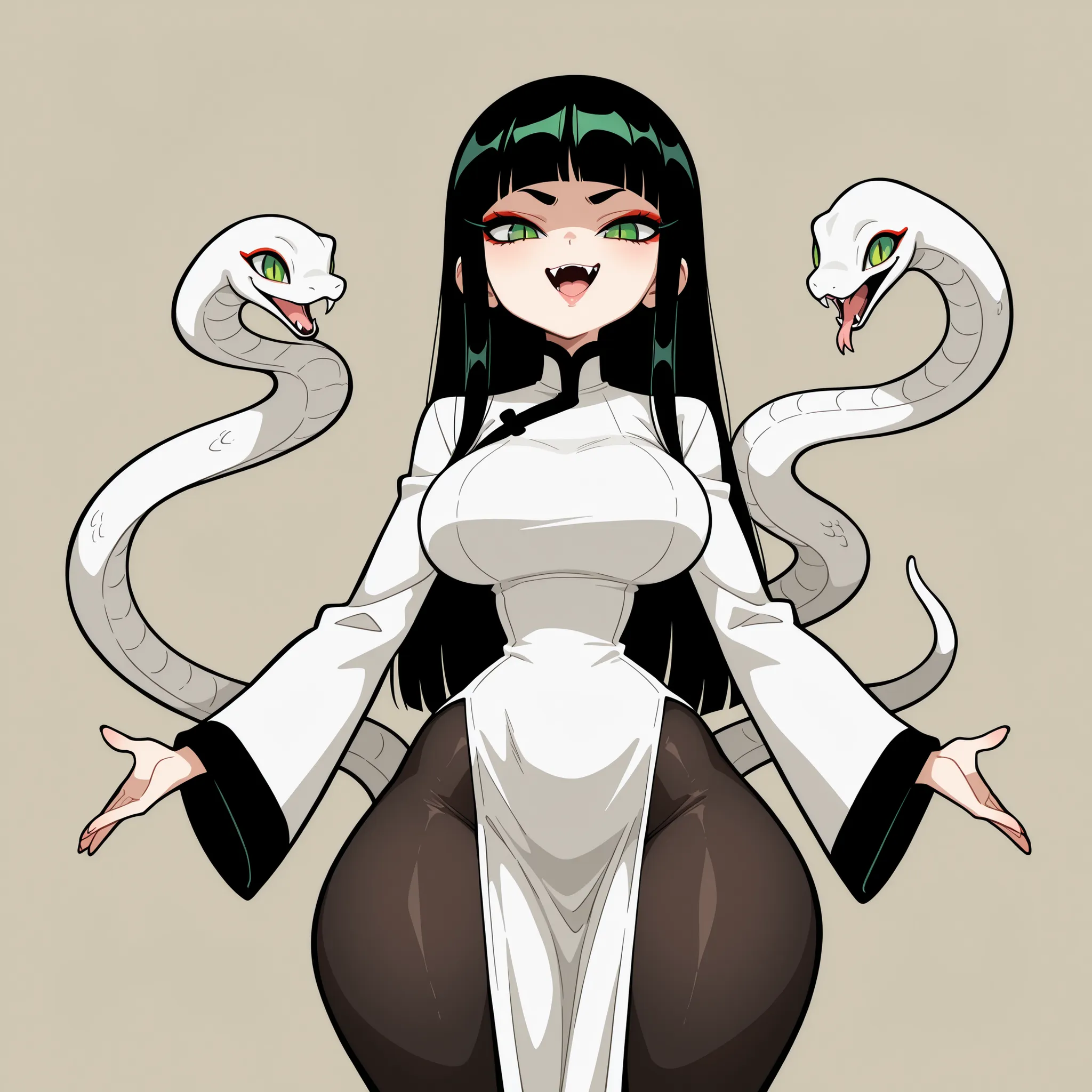 masterpiece, best quality, amazing quality, very aesthetic, absurdres, high res, shiny skin, diives, 1girl, solo, long black hair, blunt bangs, green eyes, slit pupils, makeup, eyeshadow, sharp fangs, full lips, big breasts, narrow waist, wide hips, thick ...