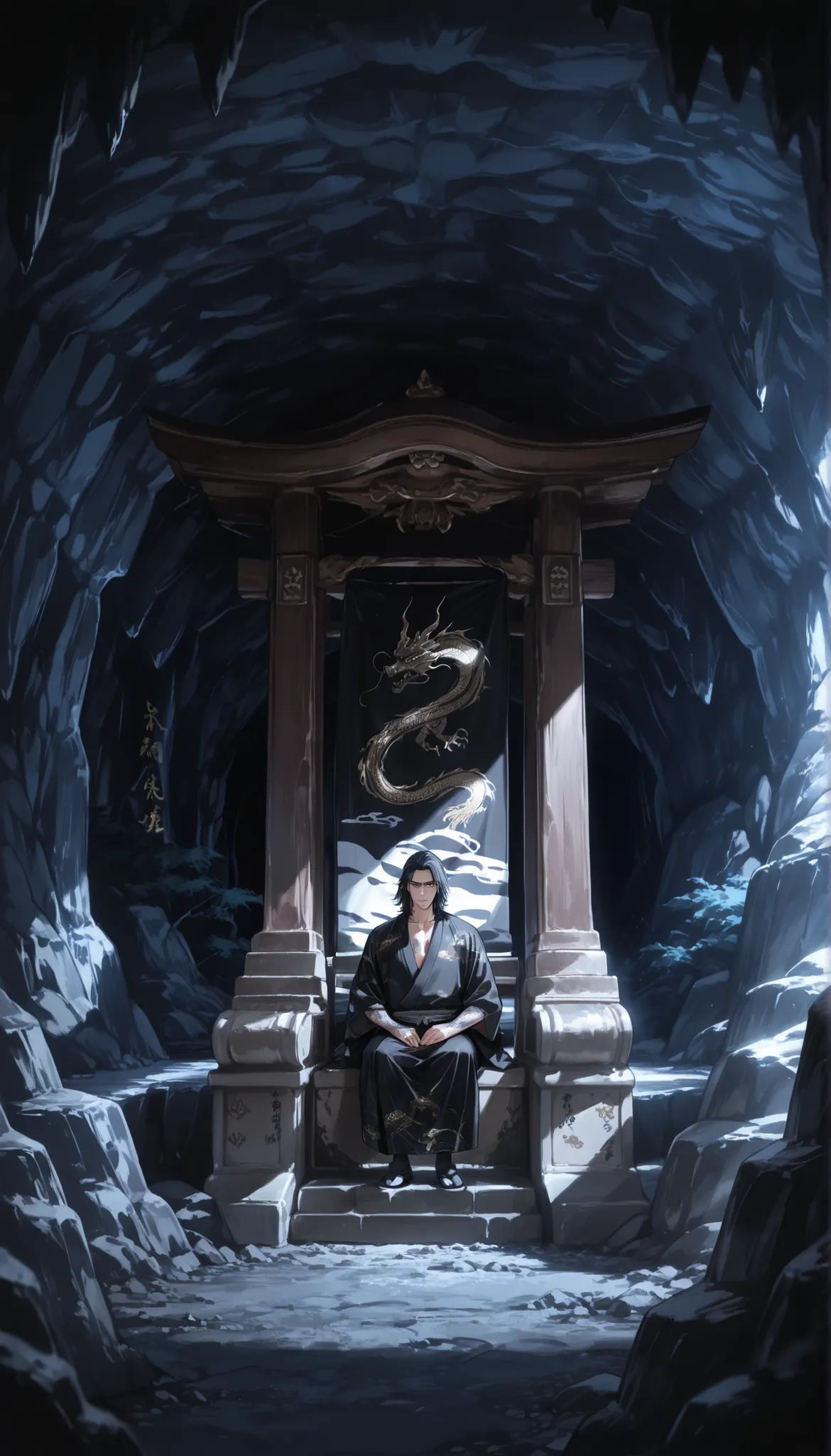 yakuza boy, black hair, medium hair, chest, japanese black kimono with dragon pattern, handsome, dragon tattoo, standing, looking at viewer, background Japanese cave, sitting on stone throne
