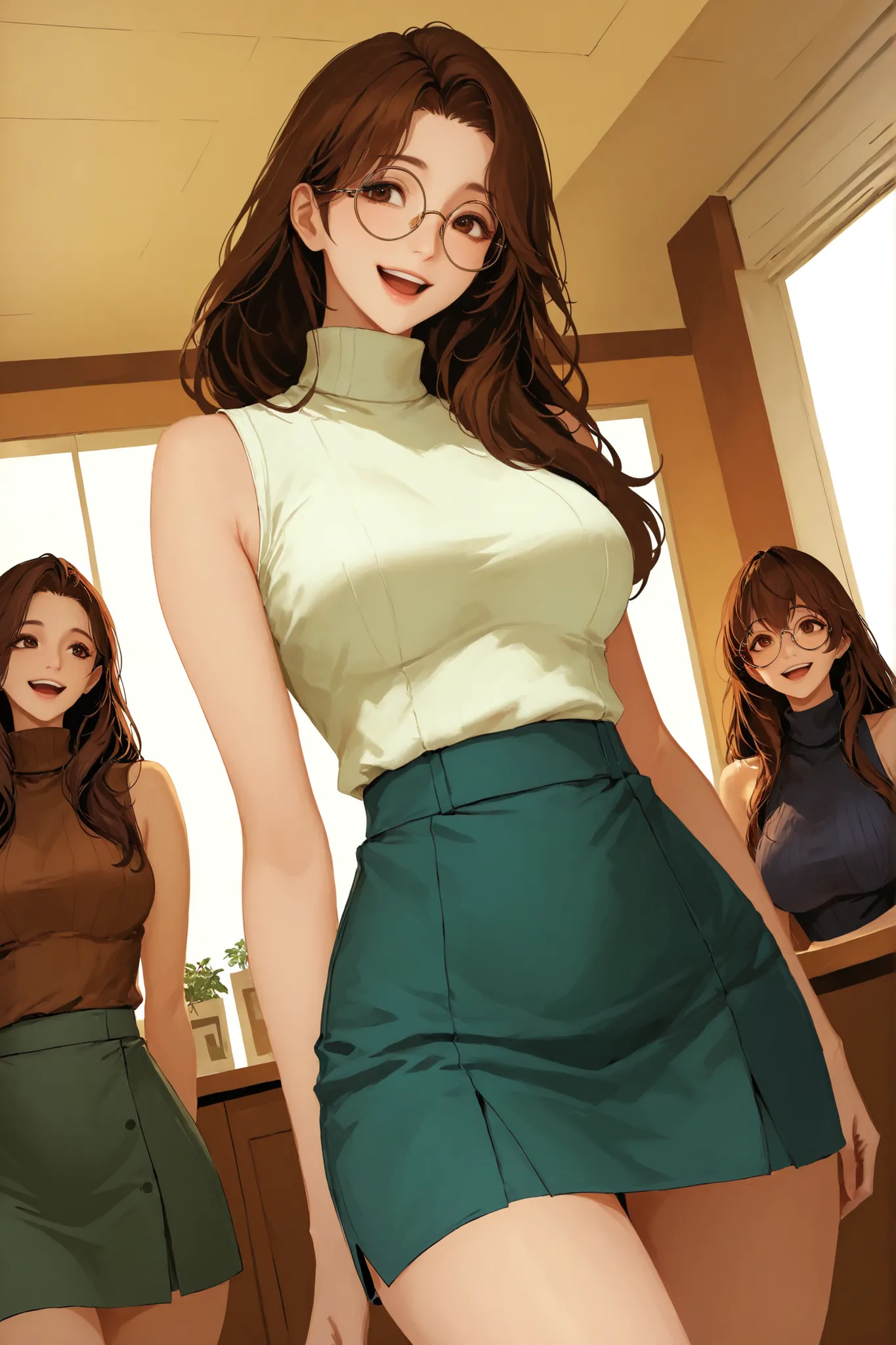 narunarusegawa, naru narusegawa, Long hair, brown hair, pelo de antena, brown eyes,
skirt, sleeveless, miniskirt, turtleneck, sleeveless turtleneck, round glasses
indoors,
looking at the spectator, smiling, Dutch Angle, gunman