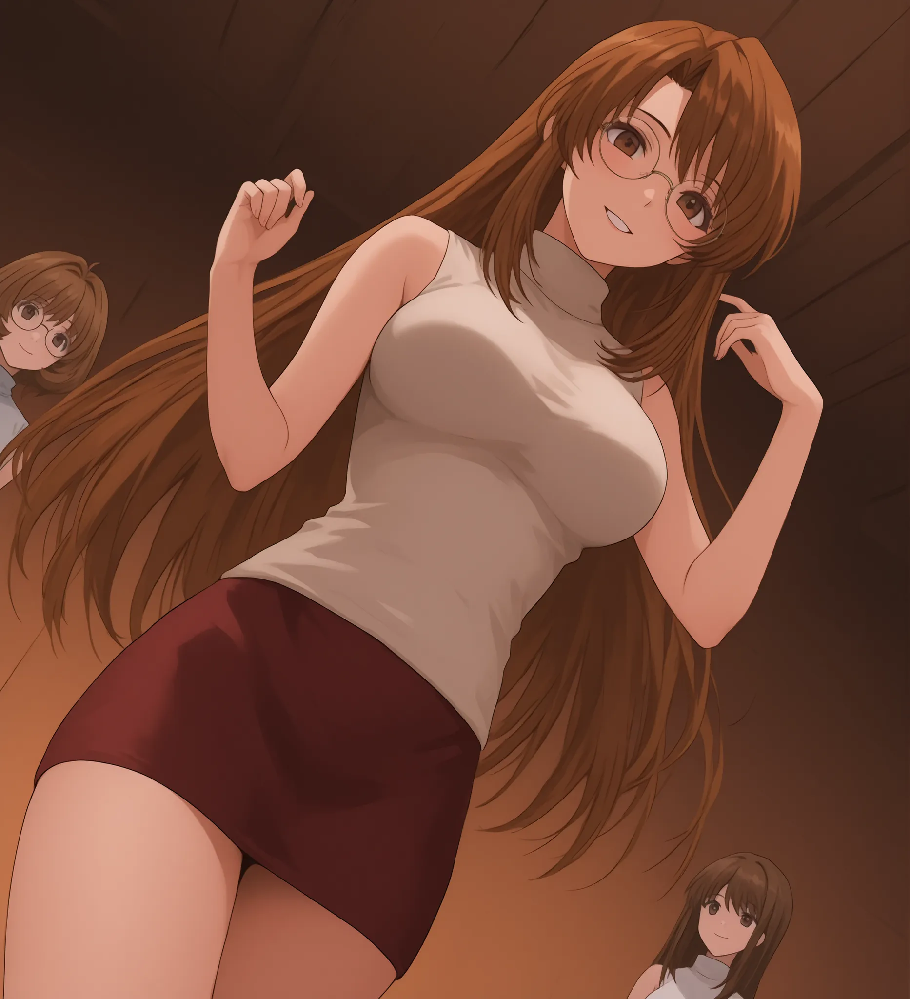 narunarusegawa, naru narusegawa, Long hair, brown hair, pelo de antena, brown eyes,
skirt, sleeveless, miniskirt, turtleneck, sleeveless turtleneck, round glasses
indoors,
looking at the spectator, smiling, Dutch Angle, gunman