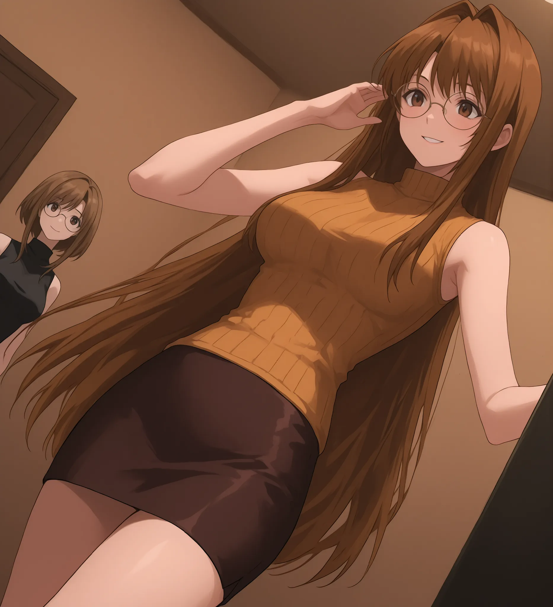narunarusegawa, naru narusegawa, Long hair, brown hair, pelo de antena, brown eyes,
skirt, sleeveless, miniskirt, turtleneck, sleeveless turtleneck, round glasses
indoors,
looking at the spectator, smiling, Dutch Angle, gunman