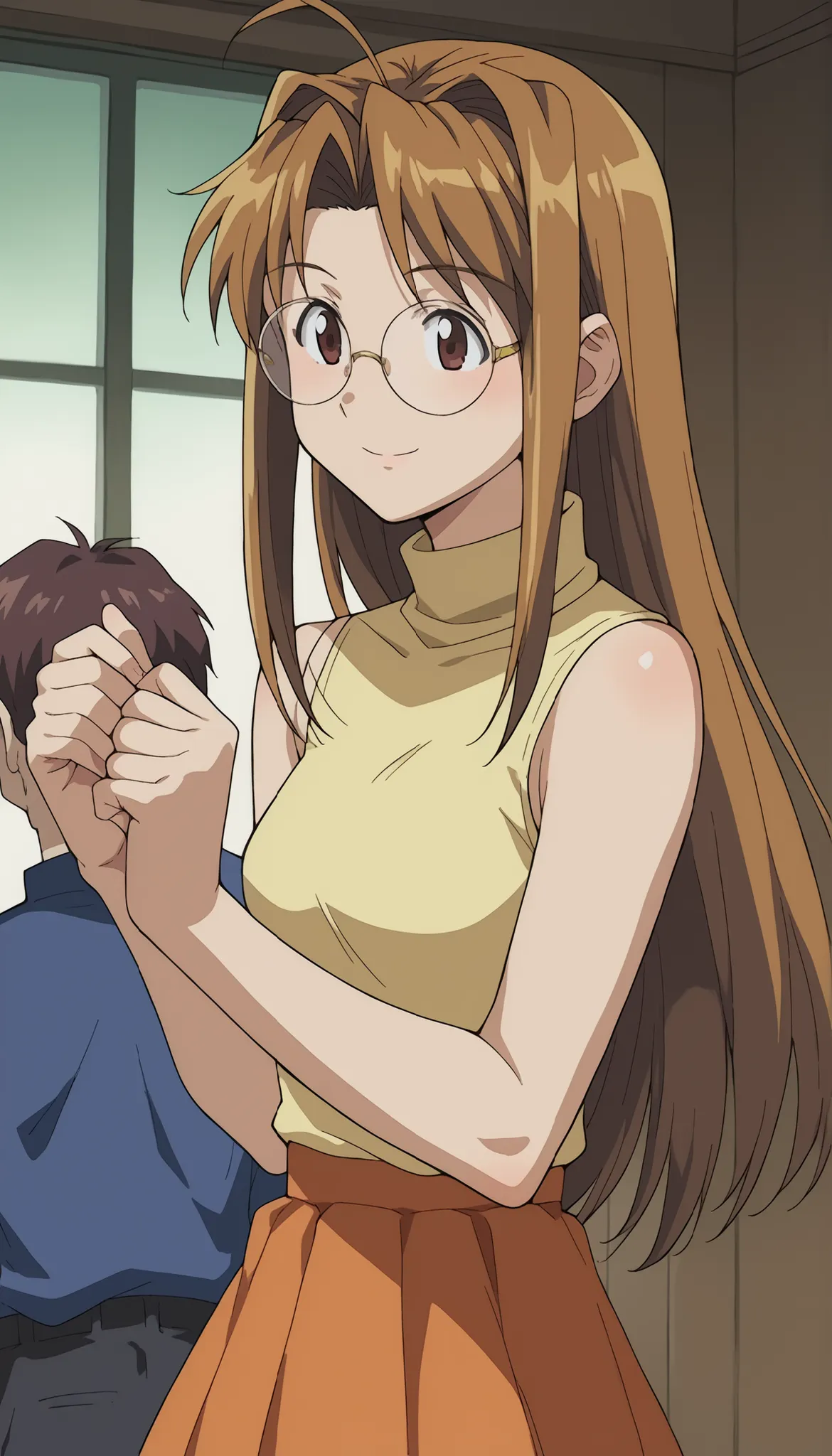 narunarusegawa, naru narusegawa, Long hair, brown hair, pelo de antena, brown eyes,
skirt, sleeveless, miniskirt, turtleneck, sleeveless turtleneck, round glasses
indoors,
looking at the spectator, smiling, Dutch Angle, gunman