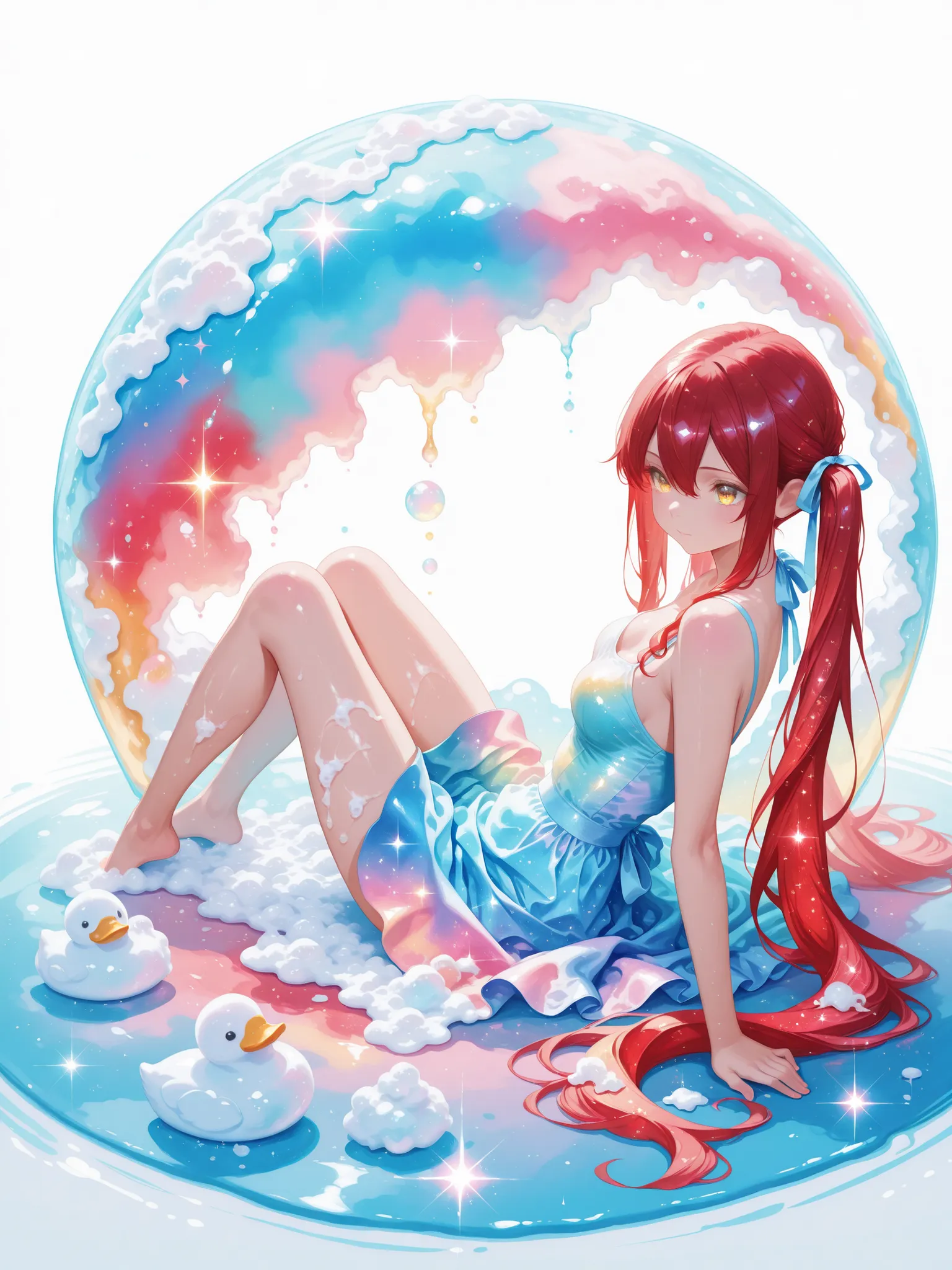 wide shot,full body 1 girl , golden eyes , very long hair , long sidelocks, red hair ,half updo, petite , very cute , beautiful ,Straight hair, cool, handsome, hair between eyes, sexy, medium breasts , (twintails), wavy fluffy  hair,sundress,spread skirt,b...