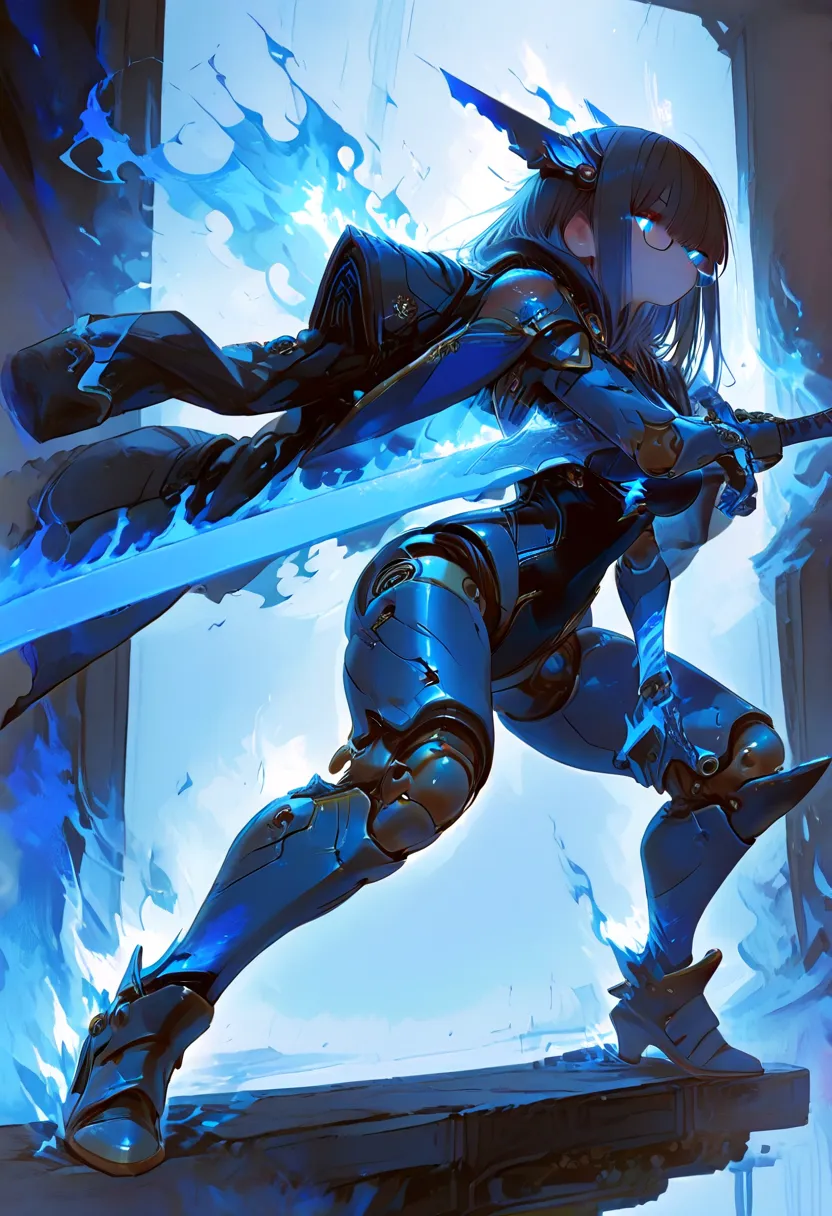 
(masterpiece, Highest Quality), (very detailed, Highest Quality, Official Art,  beautiful、sophisticated: 1.2), Female 1 , armor, sword, blue glowing eyes，engulfed in flames、headgear, full body, combat stance、glasses, ((Blue flames shining from shoulders, elbows, and knee joints)), Exoskeleton, on blue fire