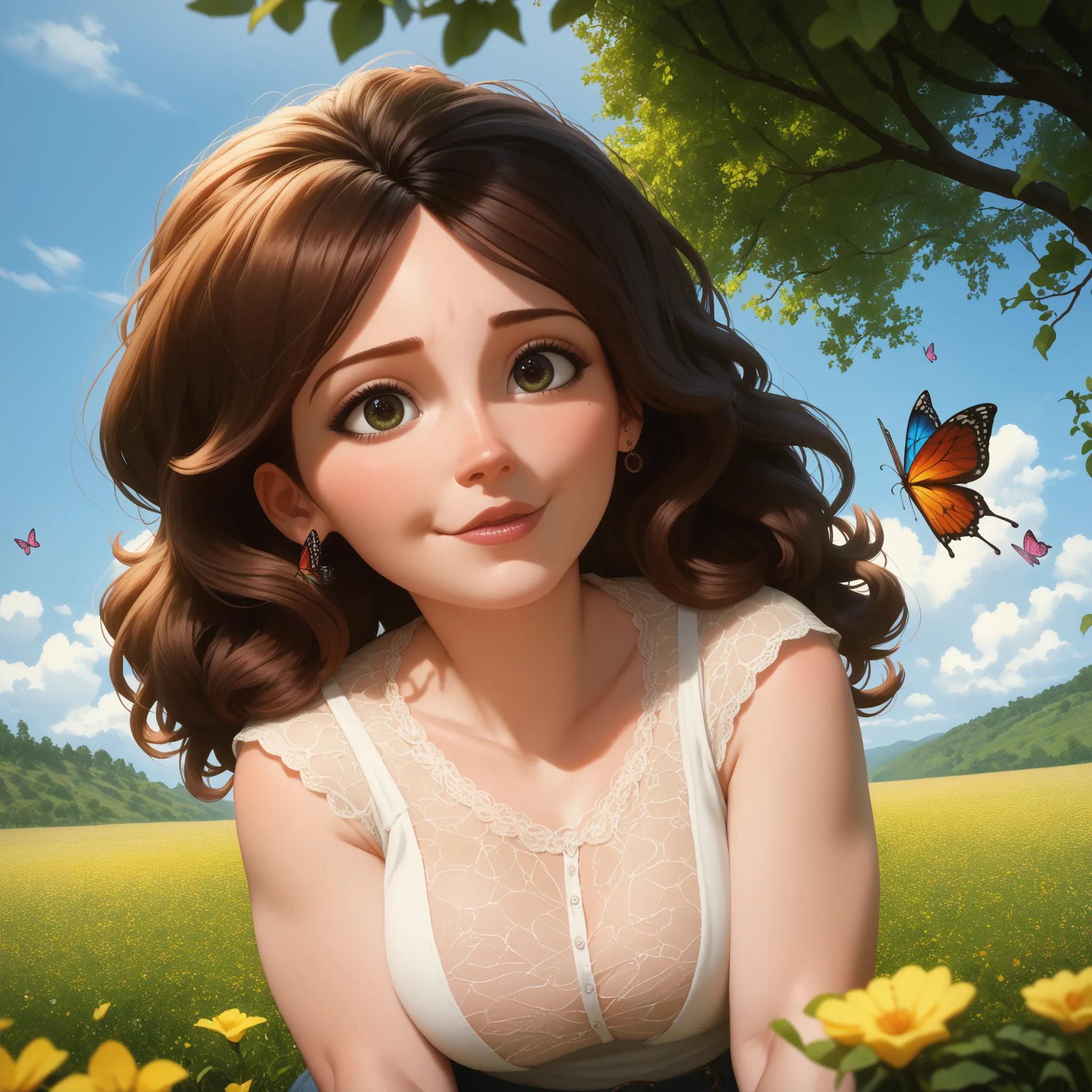 Photo, Cass, (((Beautiful hair))), cabello corto, reddish brown hair, (((pretty face))), detailed map, beautiful eyes, curvy body, huge , trasero huge , wide hips. Field of Flowers and Butterflies, sky blue, sunny