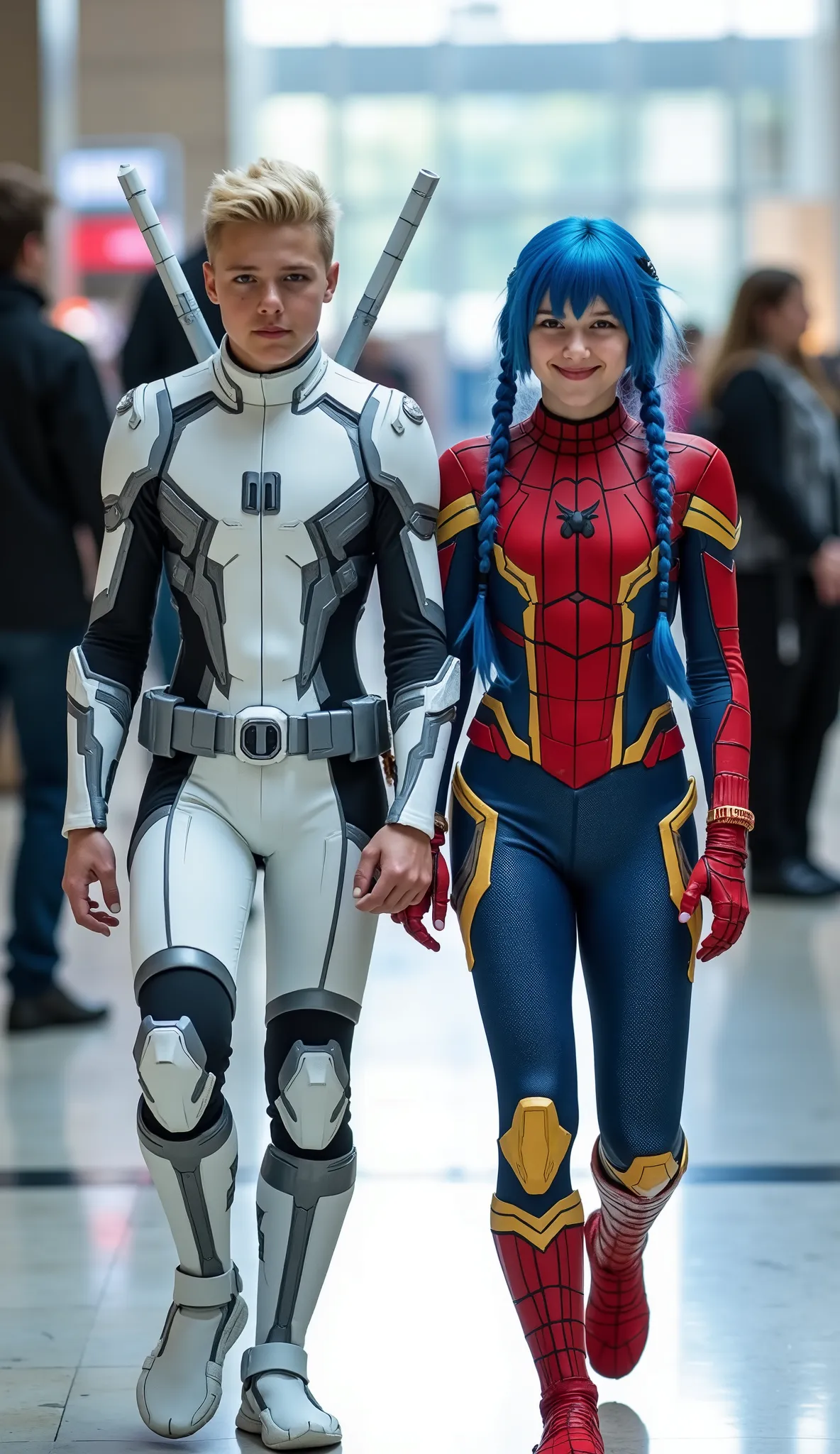 character: 1 boy blonde hair Wearing futuristic white Deadpool body suit with blue silver armor futuristic white accents, and 1 girl blue hair with two braids Wearing futuristic red Spiderman body suit with gold silver armor futuristic white accents . Th...