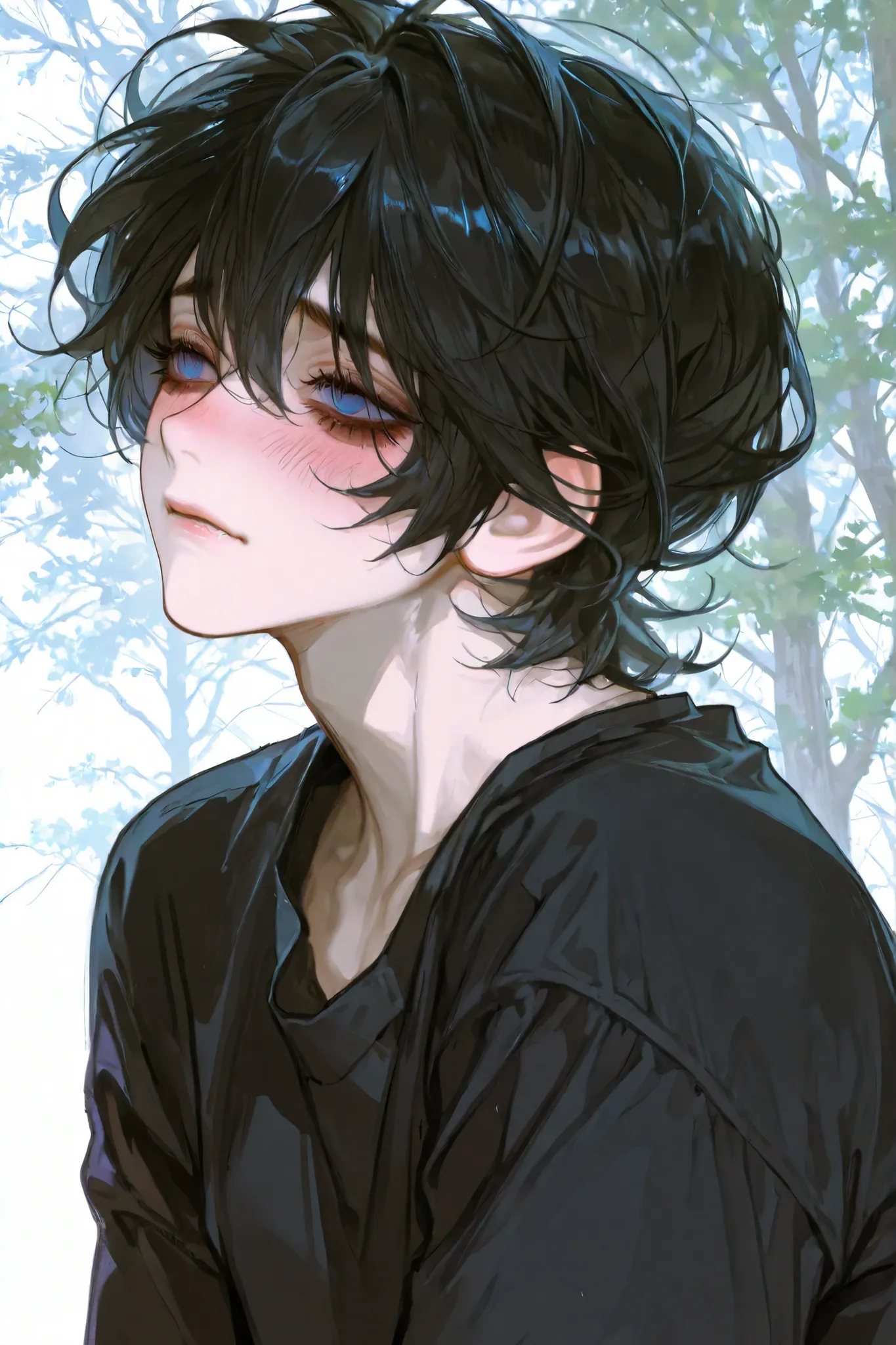 Solo, 1 man, mature, short hair, black hair, messy hair, sharp eyes, blue eyes, bangs, eyelashes, breasts, black shirt, tree background, shy face, 8K, high quality