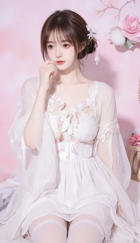 robe, 1 girl, [[ eyes, flower, ribbon, Chest, 红色 Chinese clothing , Chinese clothing , skirt, flower, Gradient , Gradient background, embroidered ball flower, Watch the audience, small Chest, white pantyhose, Single, thigh 连裤袜